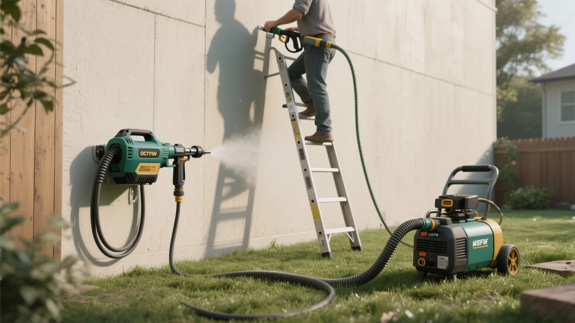 Corded, battery, and gas sprayer setups showing portability choices on ladders and lawns.