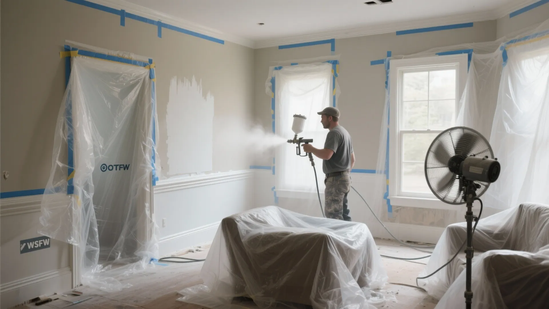 Man using paint sprayer in living room with plastic covers on furniture and windows for protection