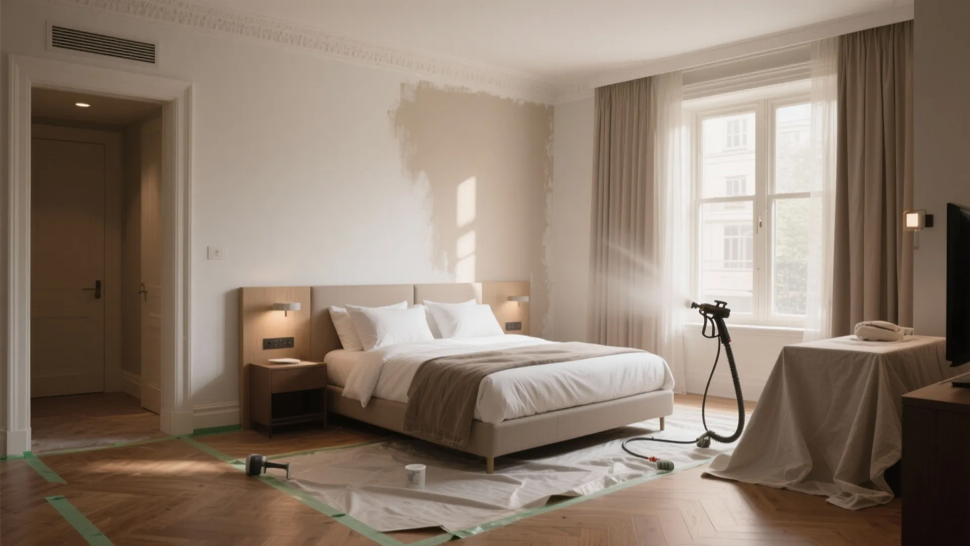 Modern bedroom renovation with a paint sprayer machine used near a bed and large window