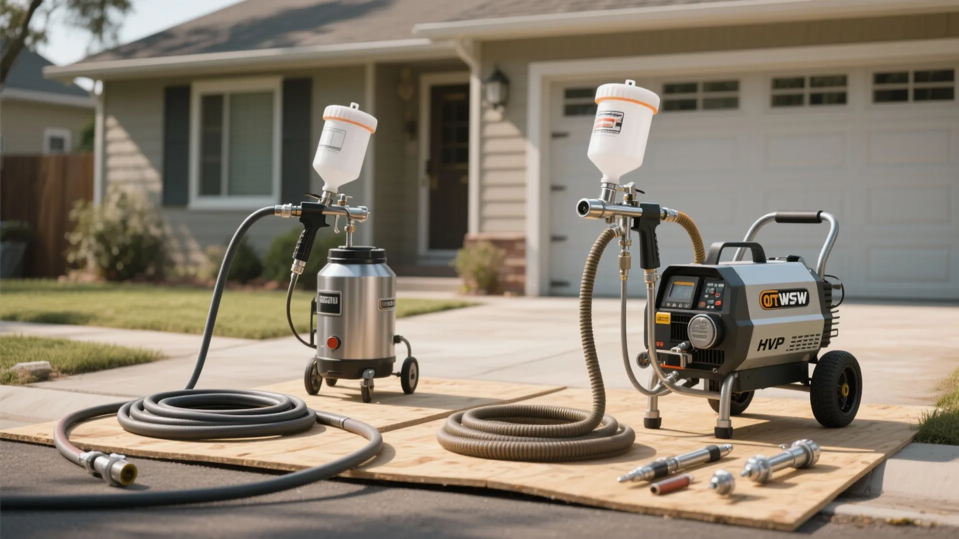 Two professional paint sprayer machines sitting on wooden boards in front of suburban house driveway