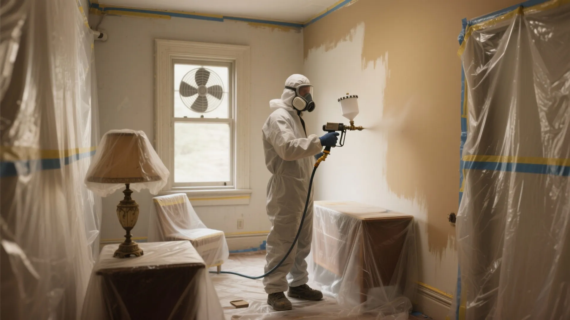 Man in white suit using paint sprayer on a wall in a small studio room