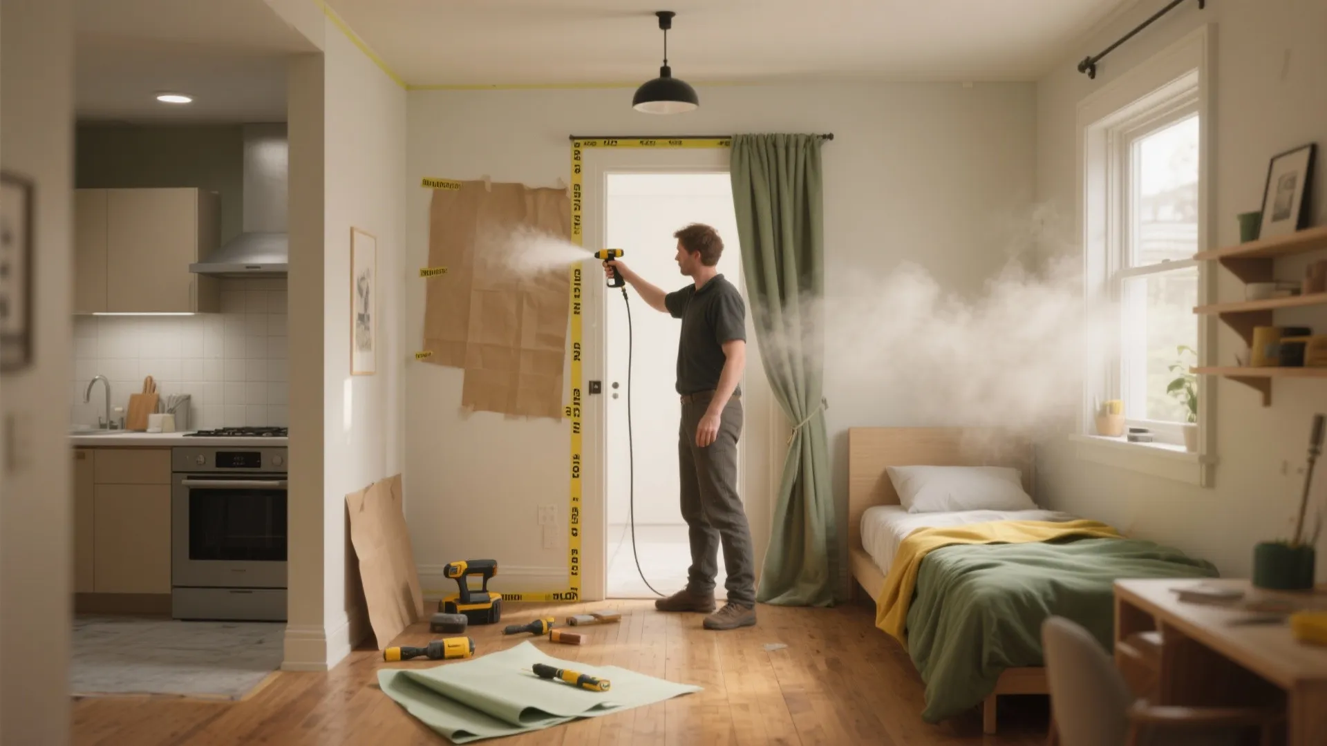 Man using a paint sprayer to apply white paint on a wall inside a bedroom