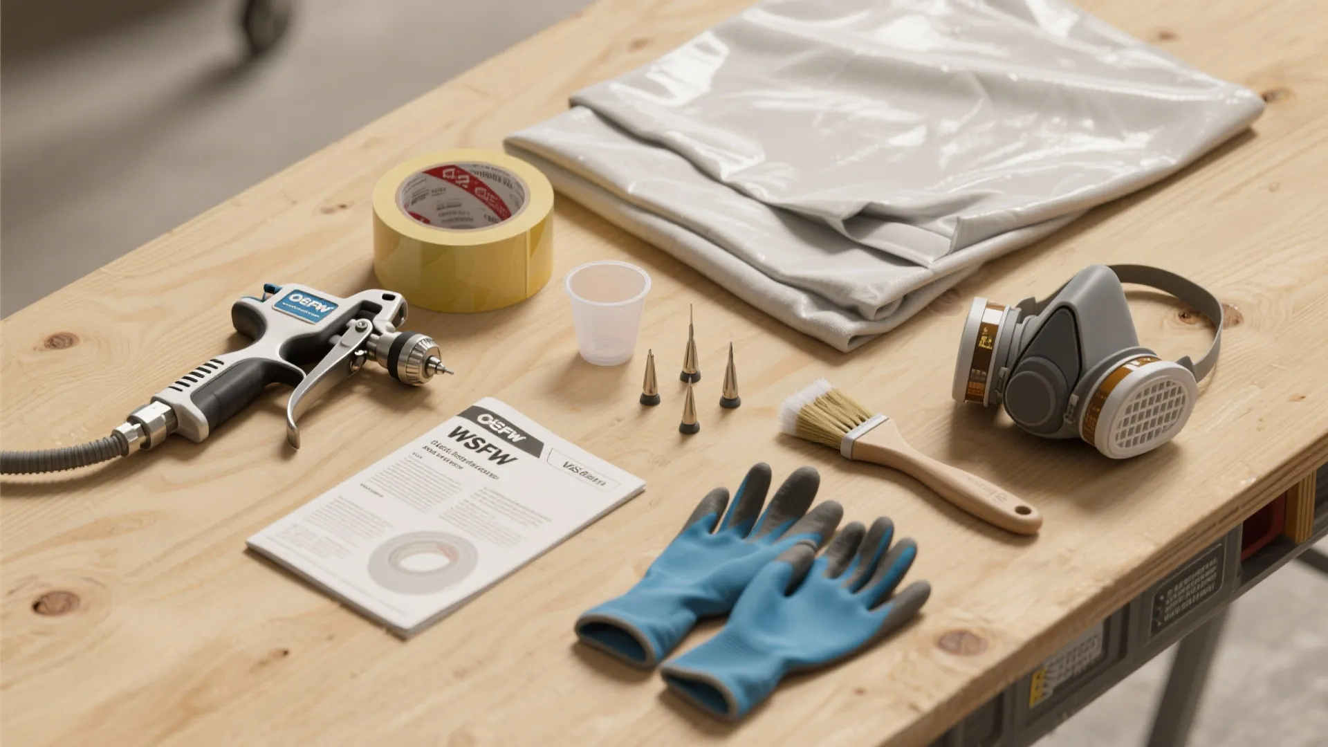 Flatlay of sprayer accessories including masking tape, replacement tips, viscosity cup and respirator.