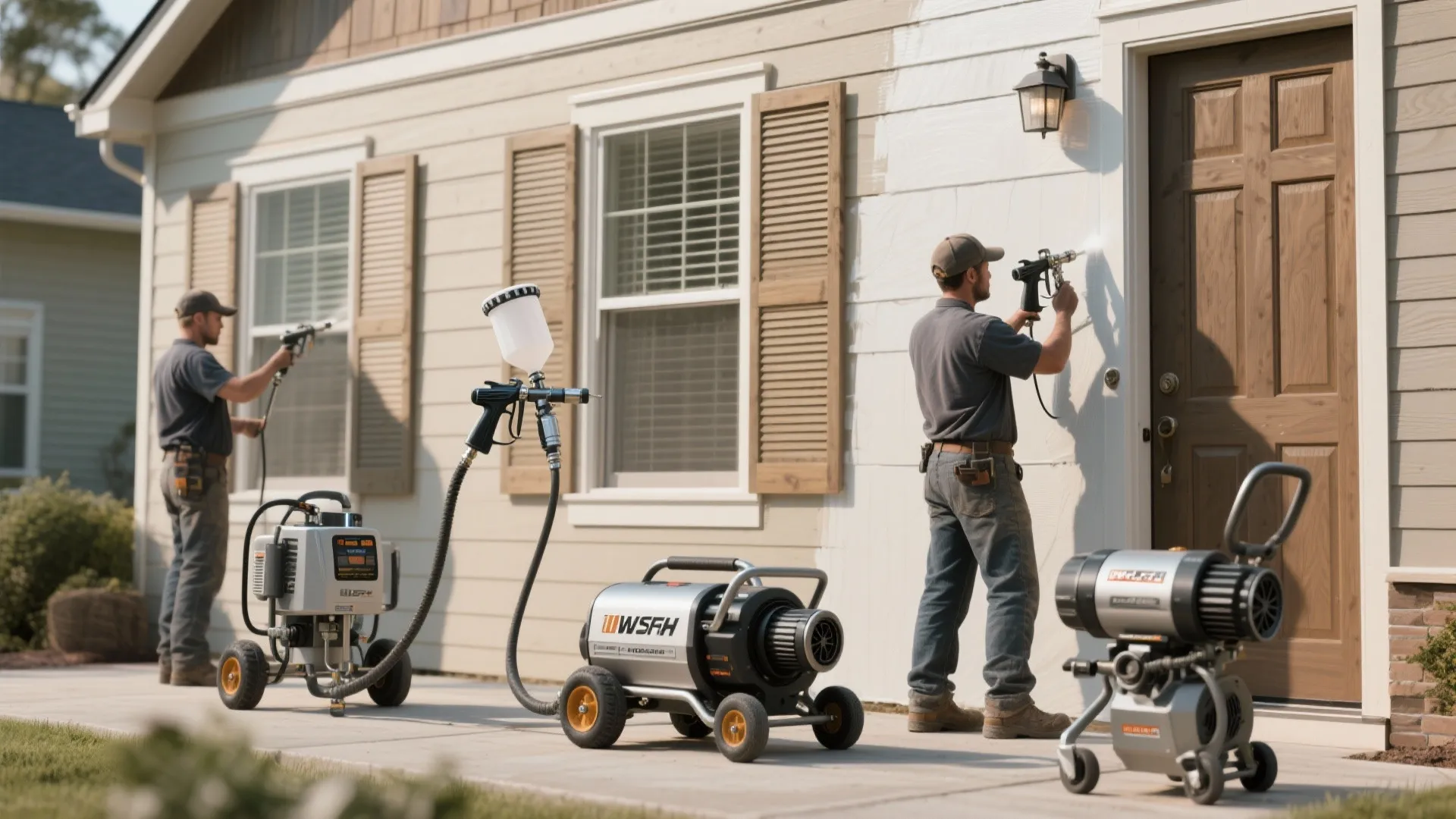 Three sprayer types displayed at a house exterior: airless for siding, HVLP for trim, turbine HVLP for fine detail.