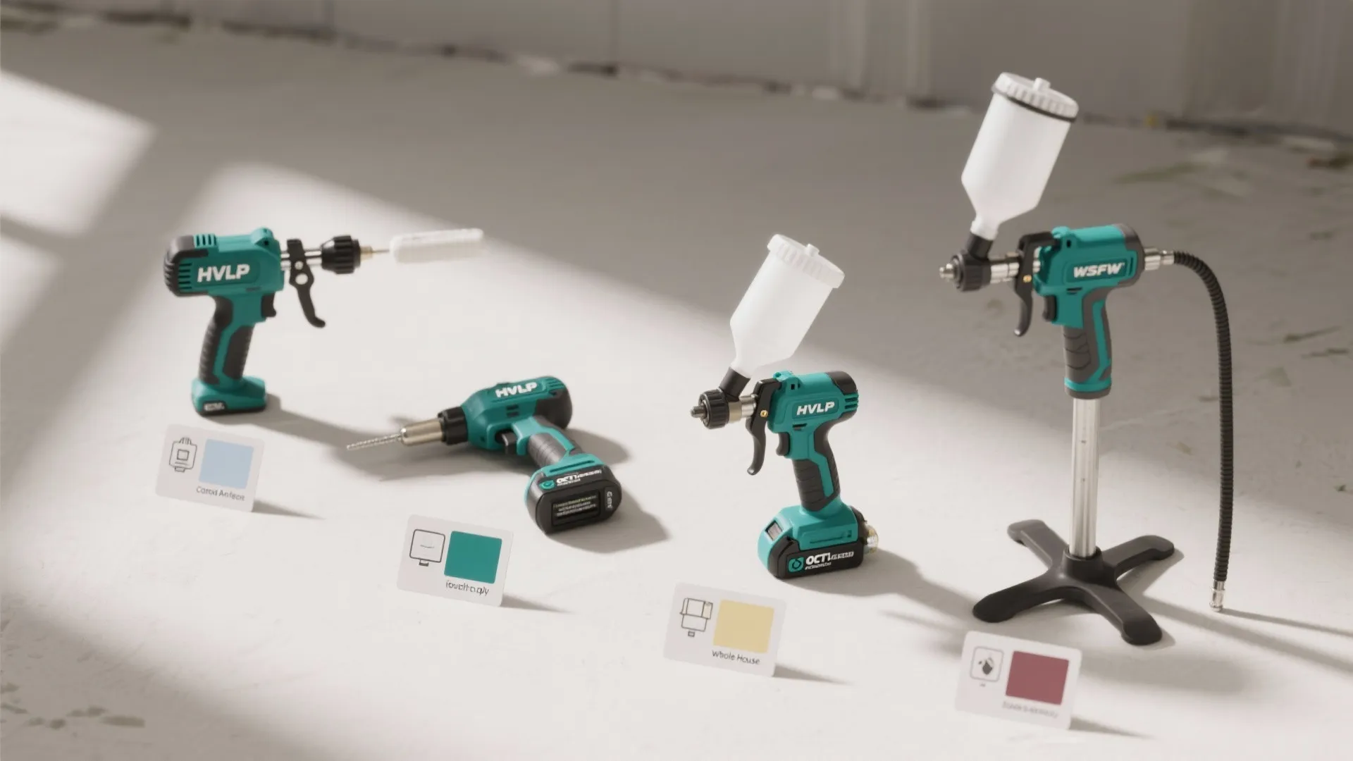 Top-down infographic layout comparing HVLP, cordless airless, compact, and stand-mounted sprayer types with labels and swatches.
