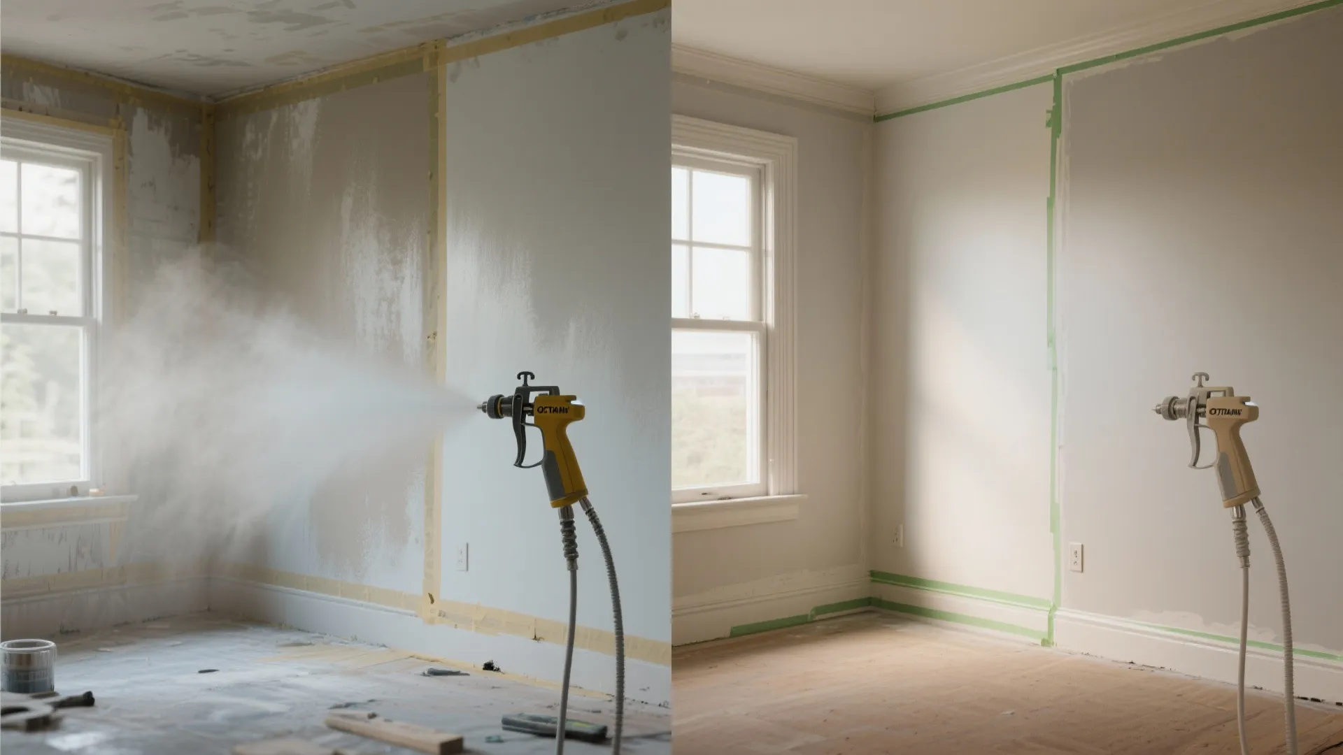 Side-by-side comparison of DIY sprayer overspray vs professional smooth finish to illustrate trade-offs.