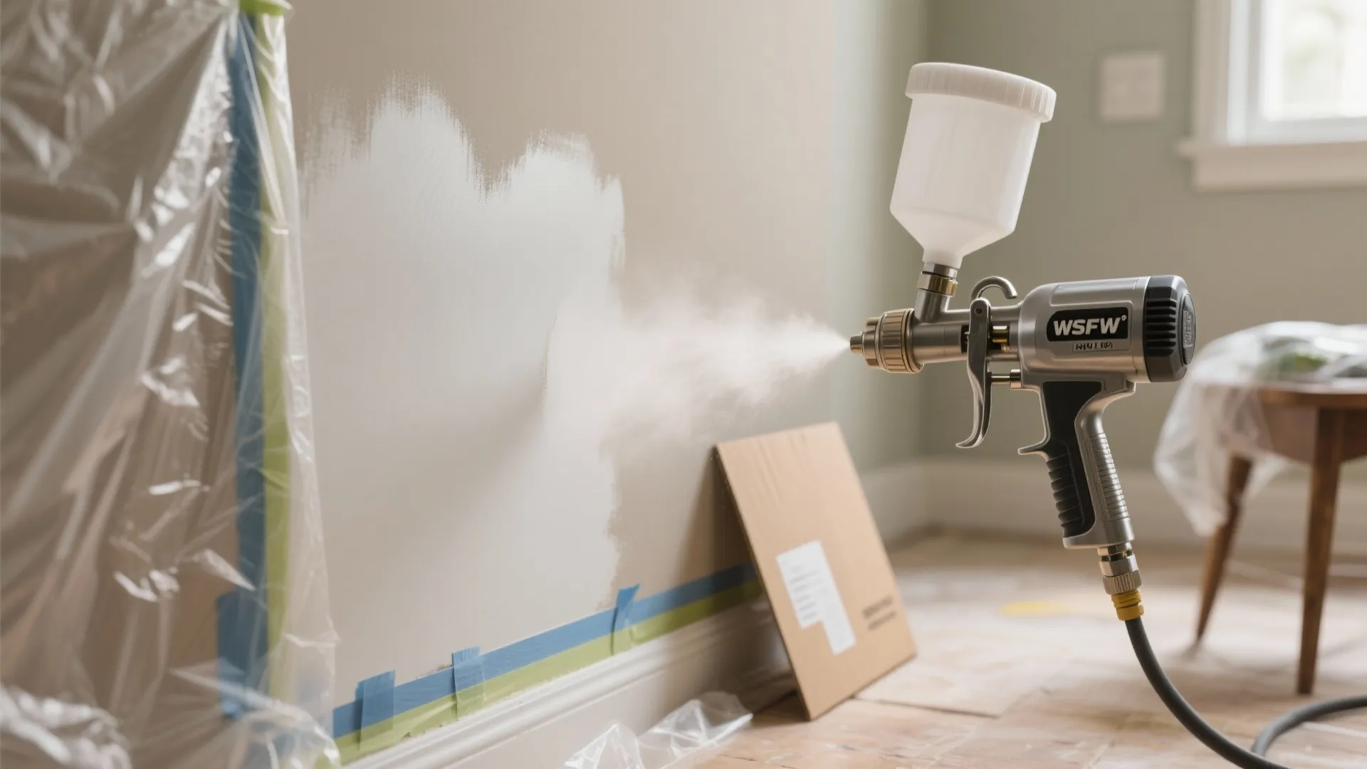 Airless and HVLP sprayer applying a smooth, even coat to a small feature wall with masking and test-spray card.