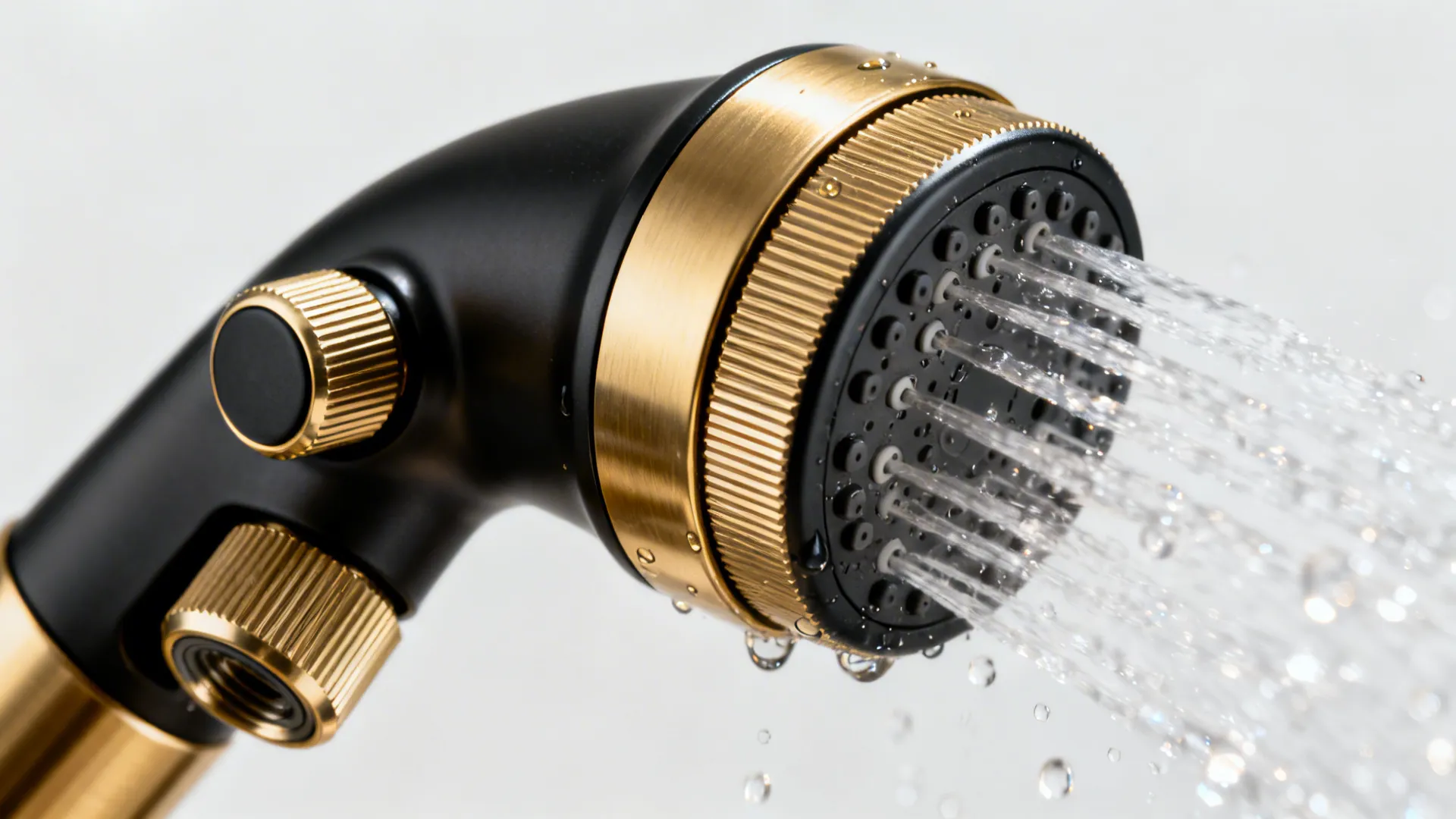 Close up of a black and gold kitchen faucet spray head with water flowing out