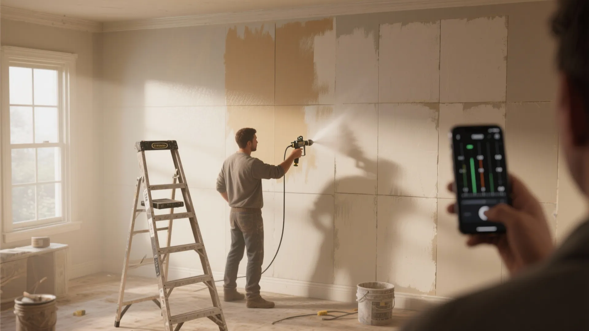 Man using a paint sprayer on a wall panel while person holds a smart phone