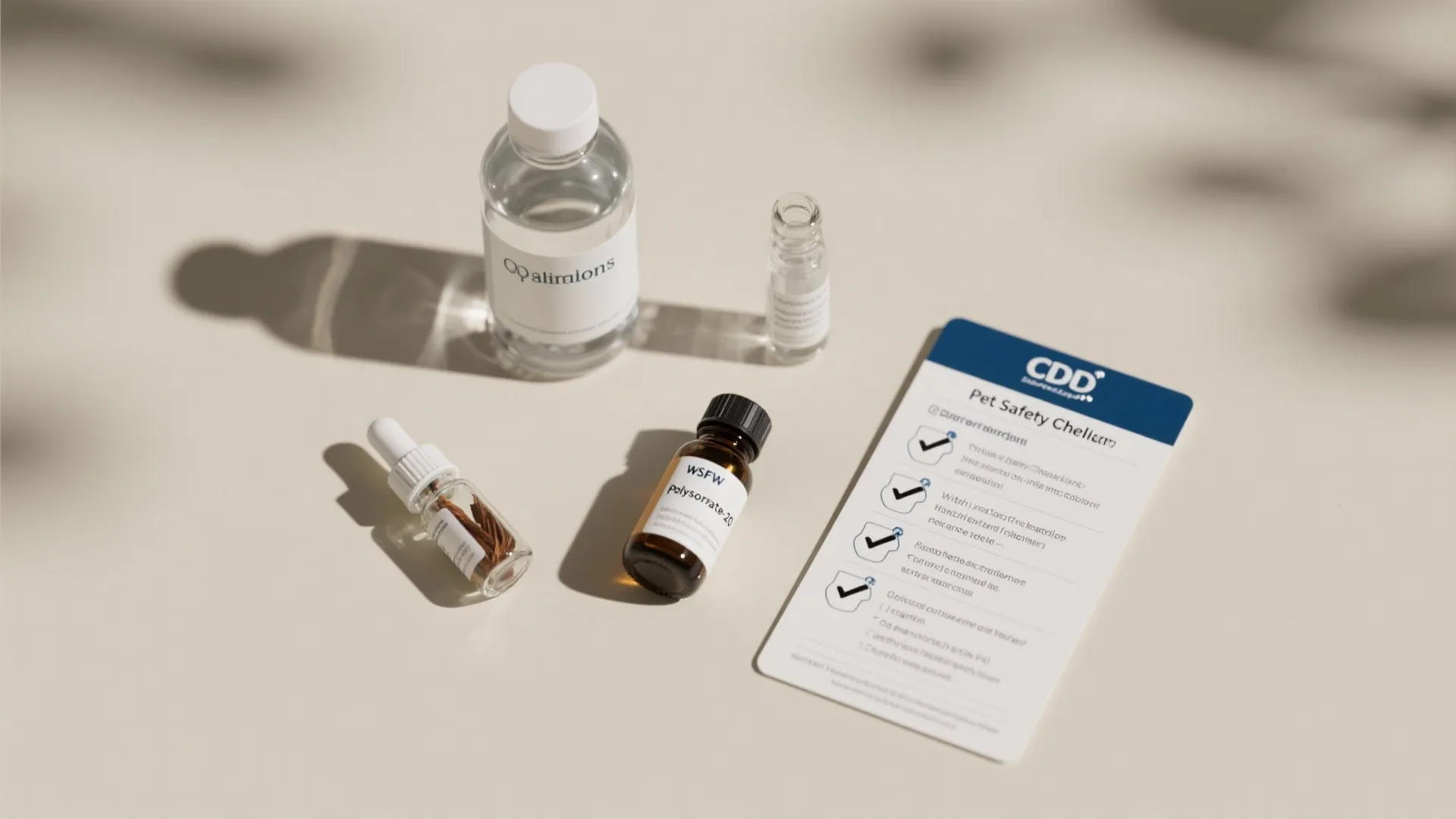 Small glass bottles with liquid and a pet safety checklist on a simple cream background