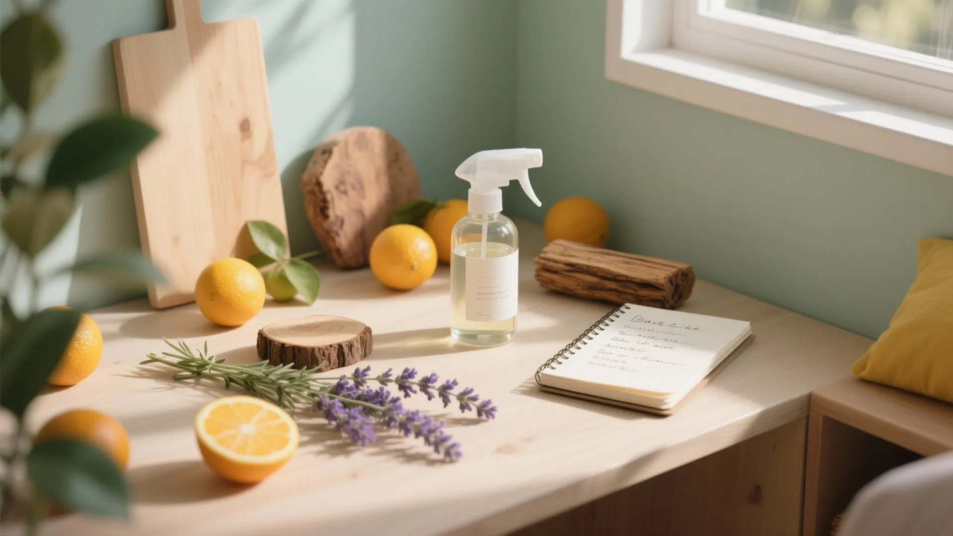 Spray bottle on a light wood desk with oranges lavender a notebook and natural sunlight