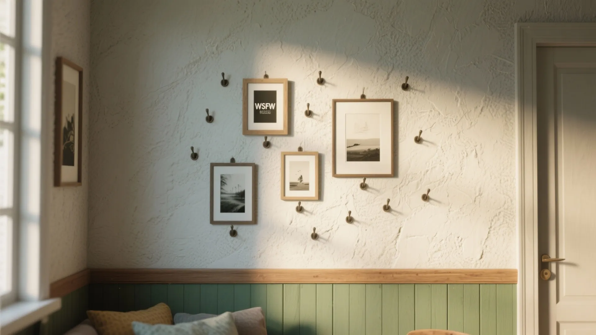 Interior wall with green wall panel holding many small hooks and several framed landscape pictures