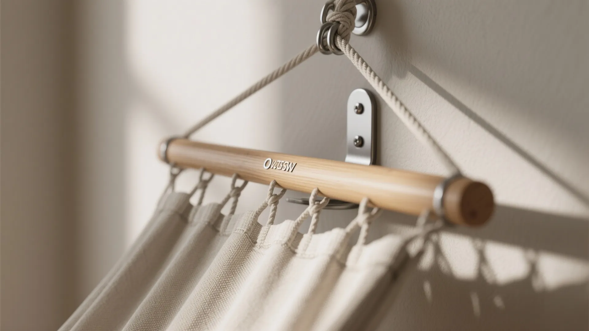 Close up of a wooden hammock spreader bar attached to a wall with metal hooks