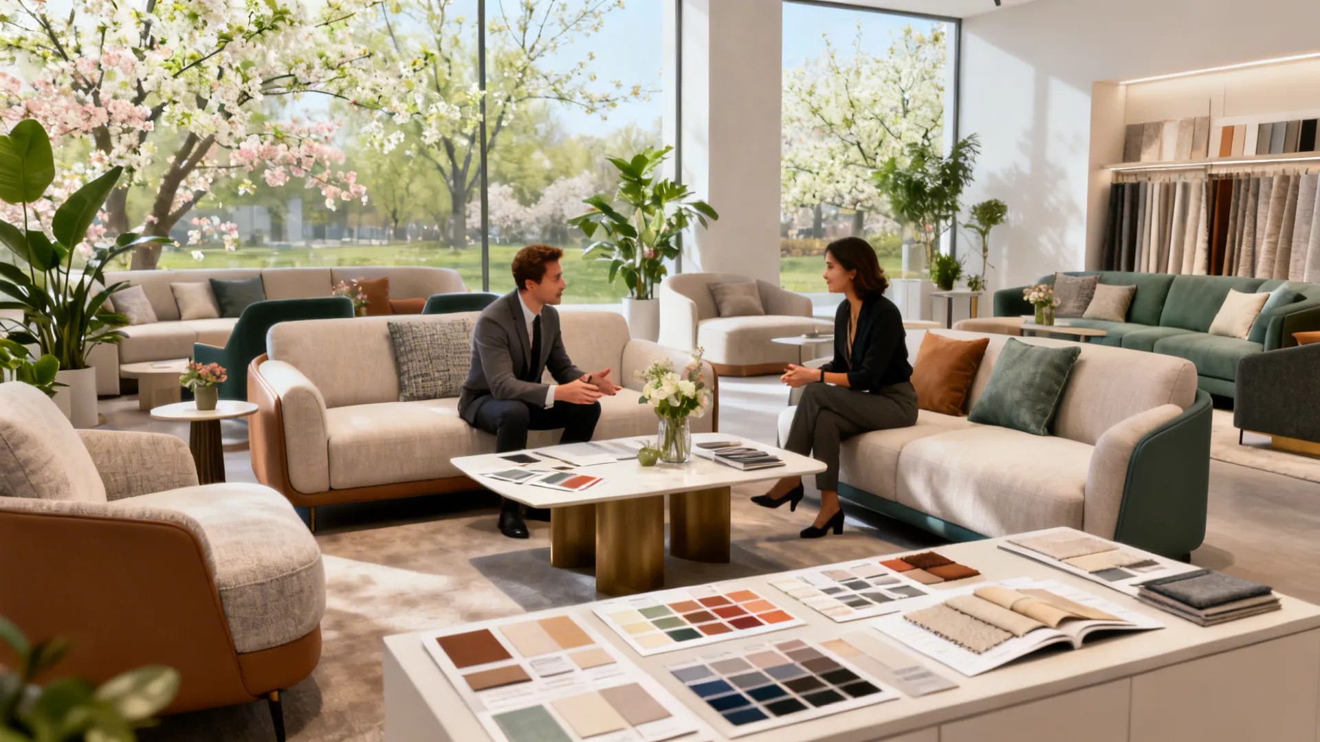 Showroom during a spring new-model launch with sofas and material swatches