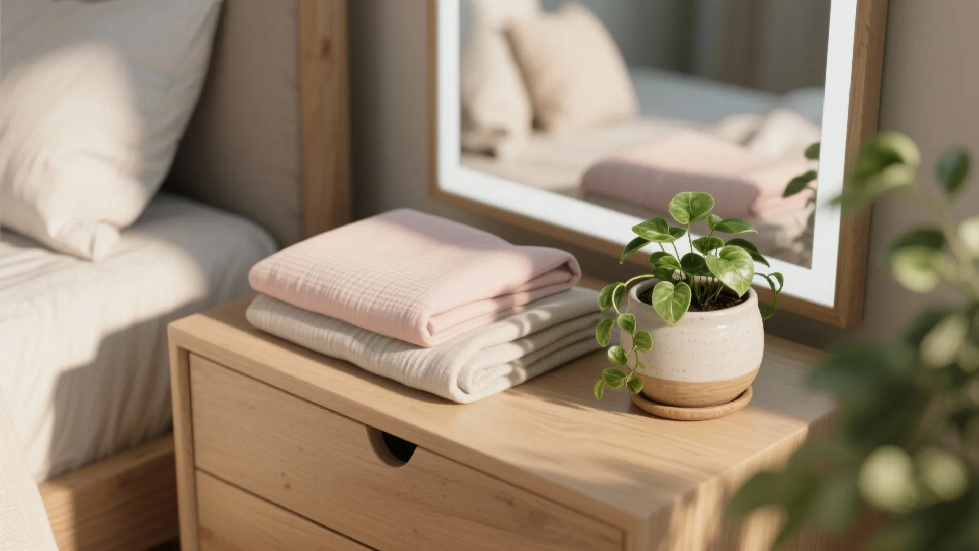 Close-up vignette of linen textiles, a potted pothos, and light-reflecting mirror edge in a spring-styled bedroom.