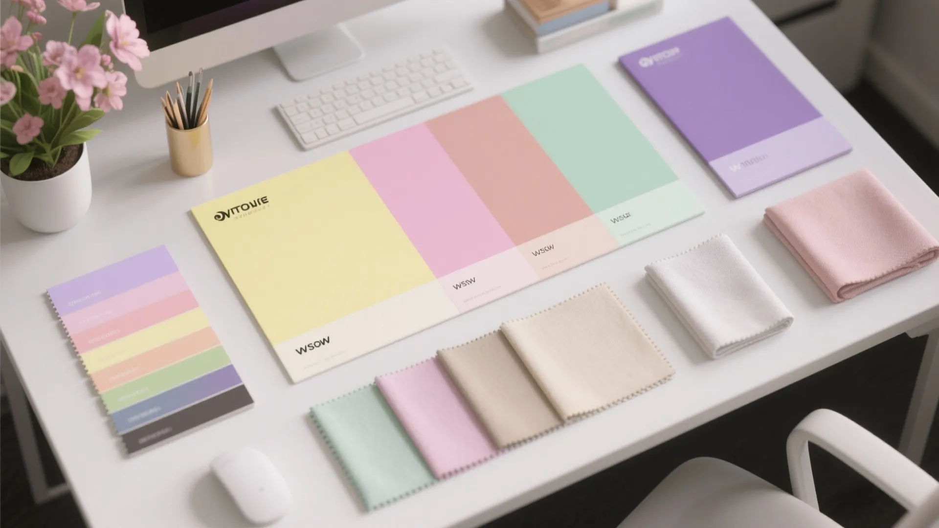 Flat lay of pastel spring color palette and office materials