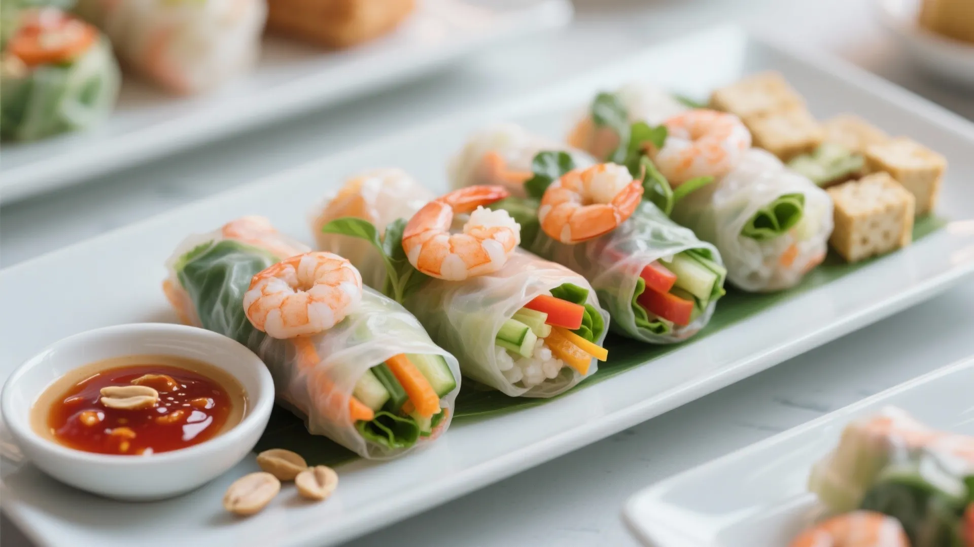 Fresh shrimp spring rolls on a white plate with small bowl of spicy dipping sauce