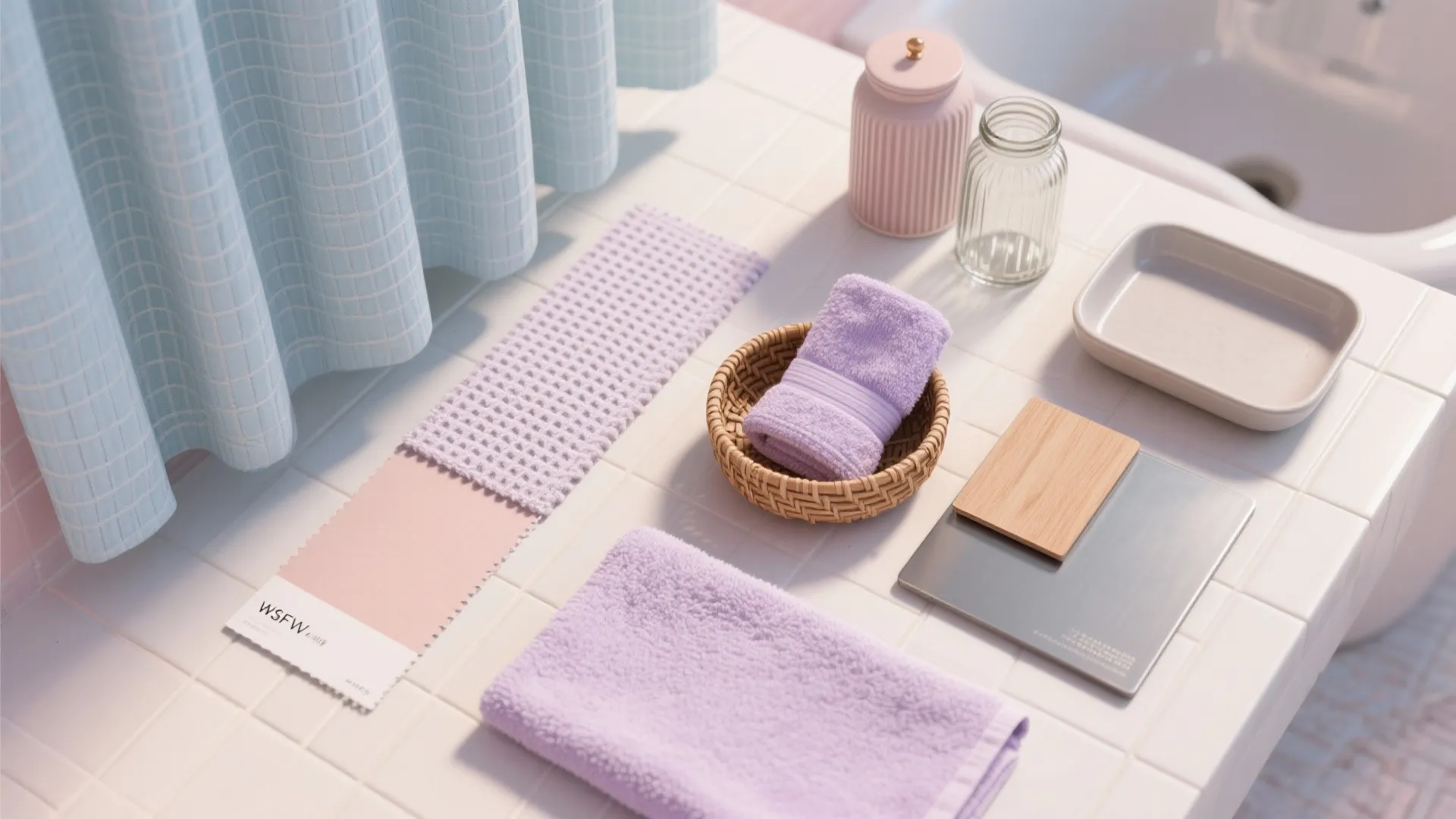 Top-down flat lay of linen, seersucker, waffle towels, rattan, ribbed glass, ceramic, and sealed wood in pastel tones.