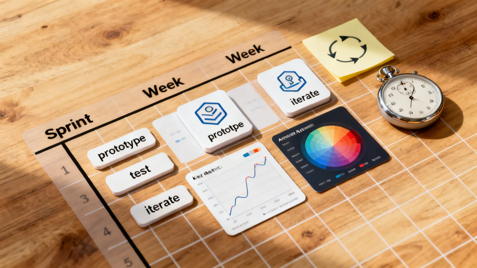 Top-down sprint board with prototype, test, iterate cards and a single highlighted metric.