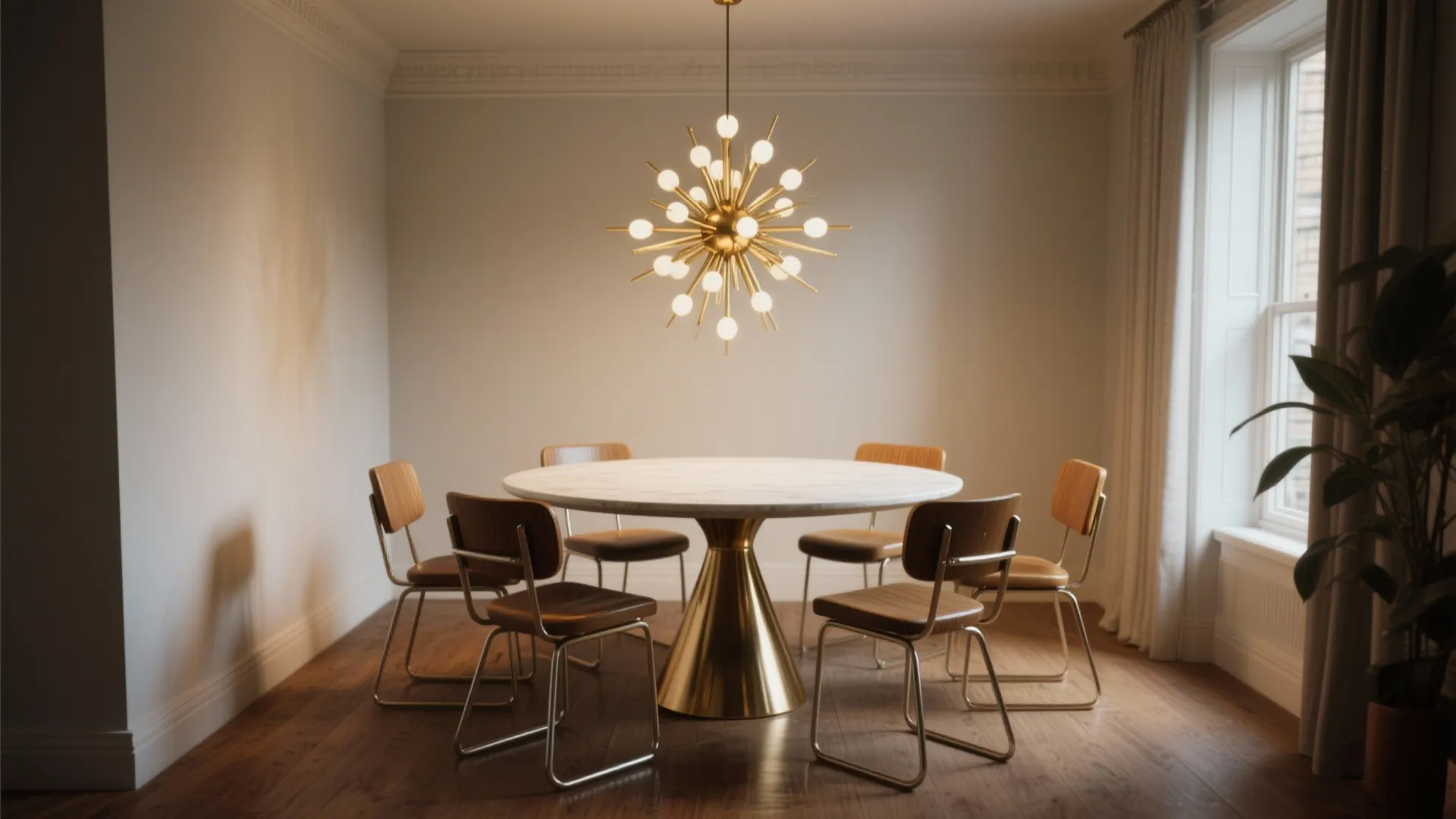 Modern dining room with round marble table wood chairs gold ceiling light and white walls