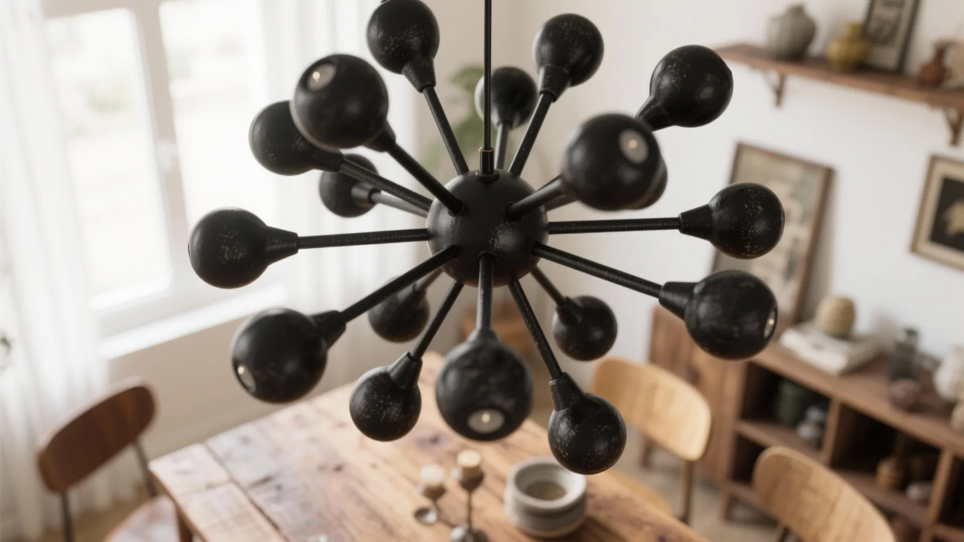 Modern black ceiling light hanging above wooden dining table in bright room with minimalist furniture