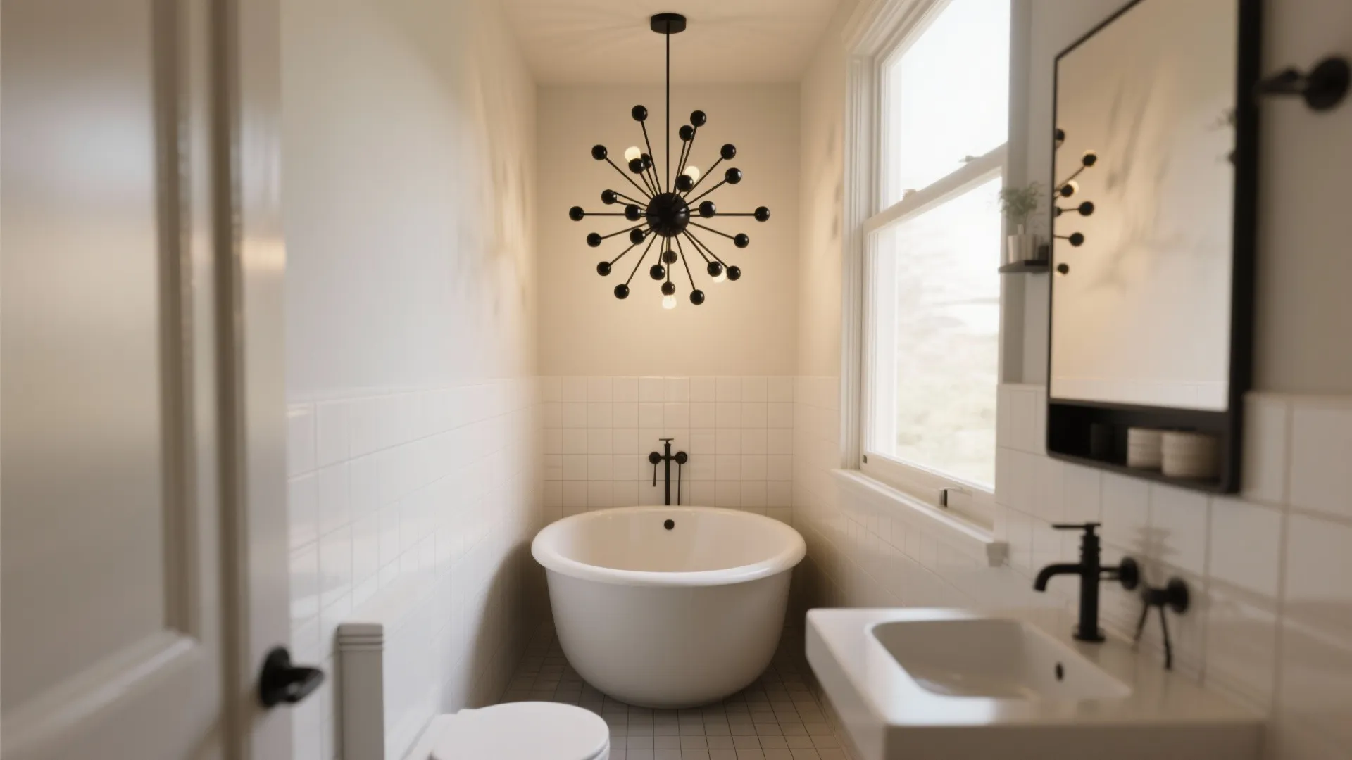 Small white bathroom featuring a round bathtub black ceiling light sink mirror and large window