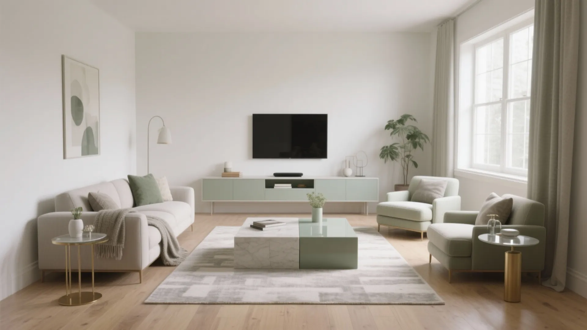 Modern living room with white sofa green chairs marble coffee table rug and wall television