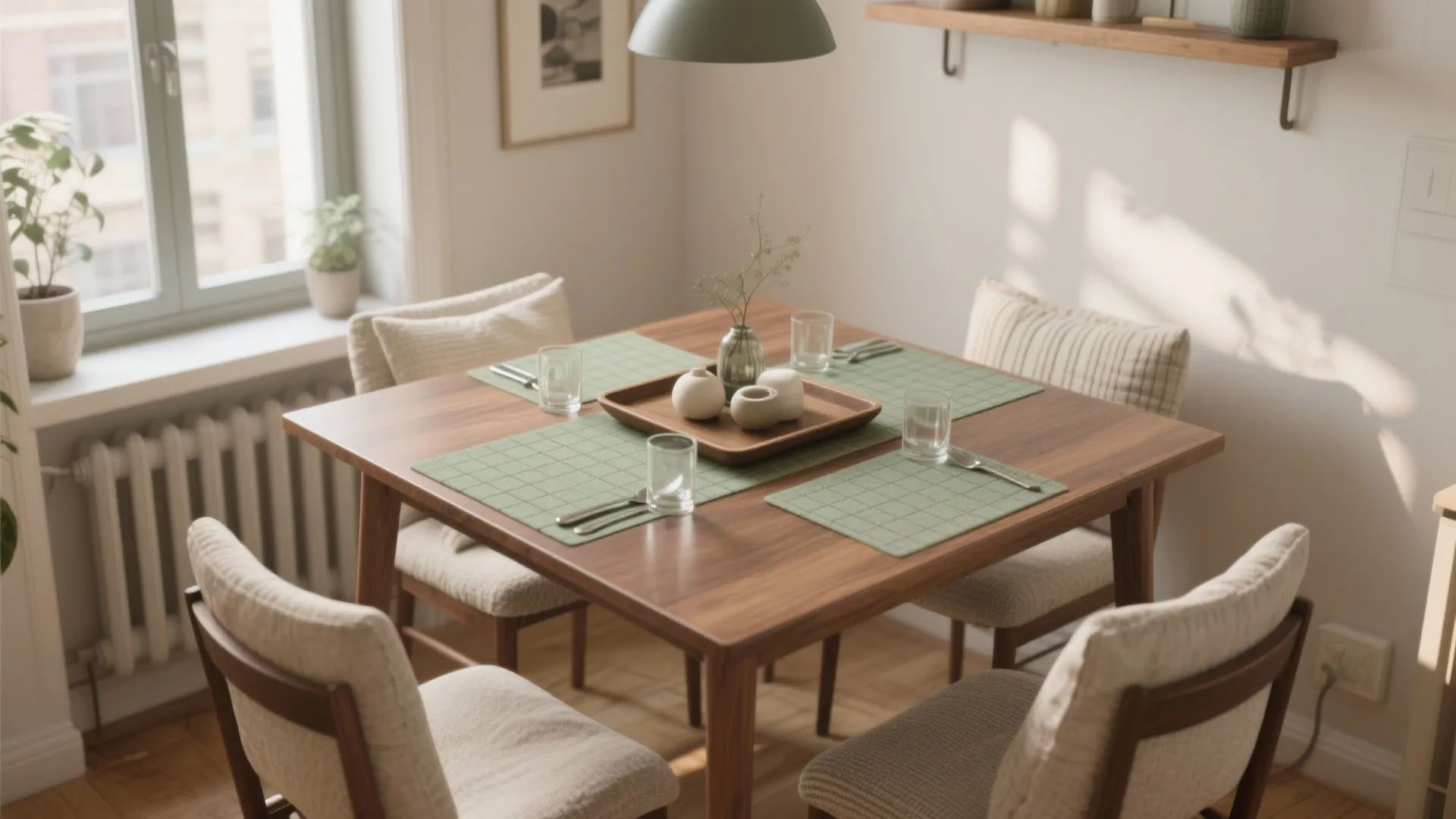 Square wooden dining table with four chairs and green placemats set in a bright room