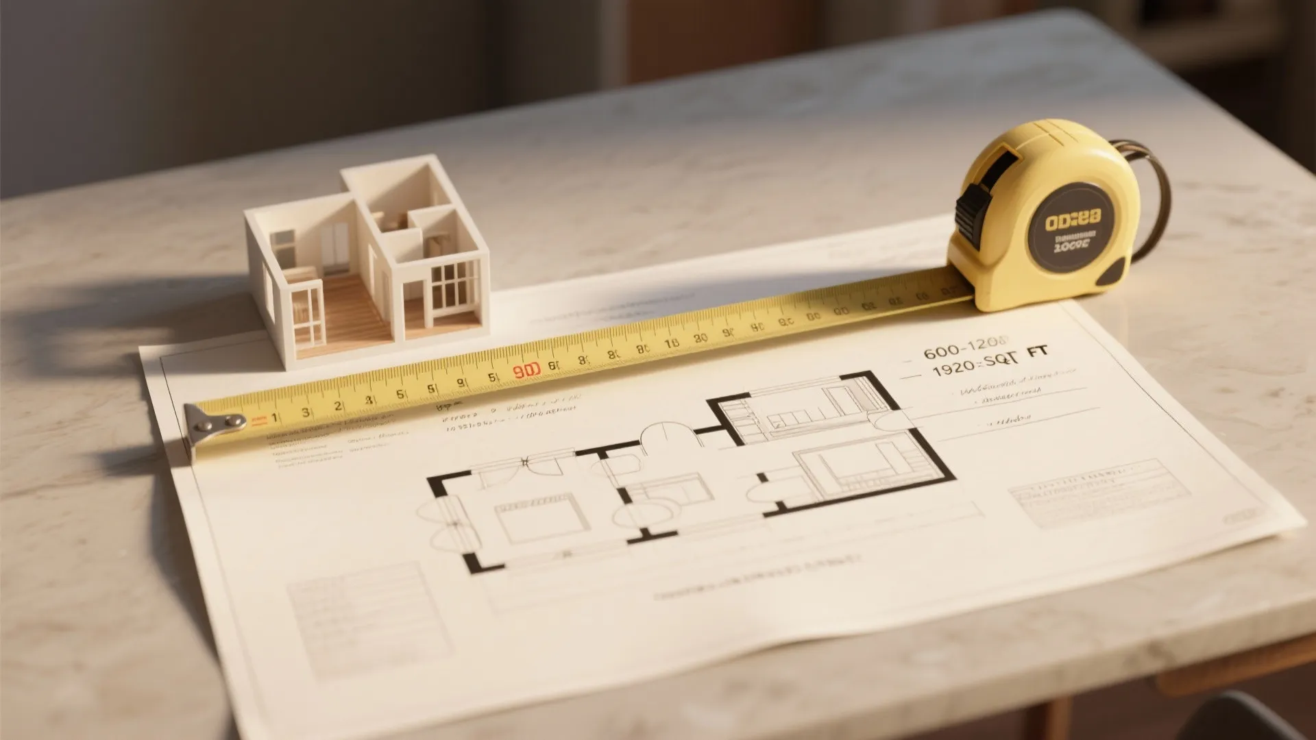 Printed floor plan on a table with a yellow measuring tape and small house model
