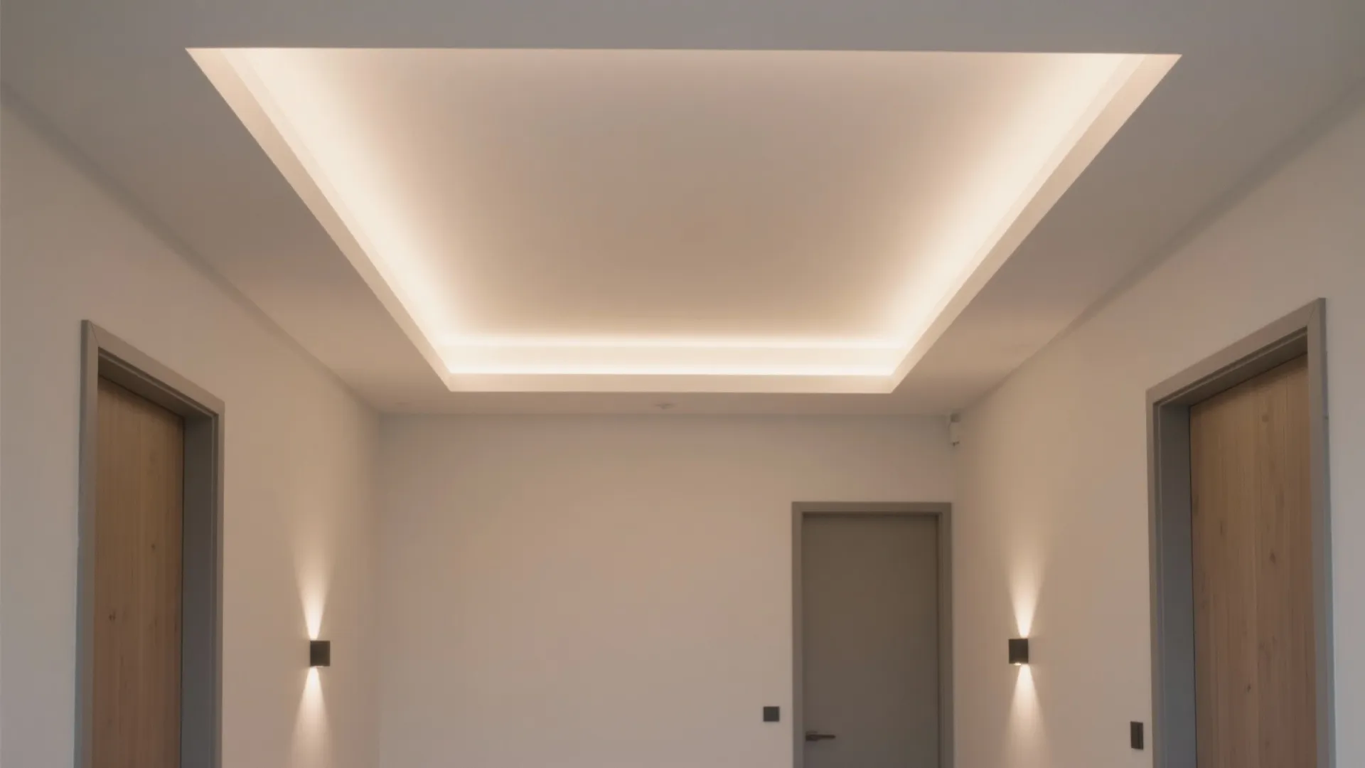 Square hall with shallow perimeter cove lighting casting a warm, even halo.