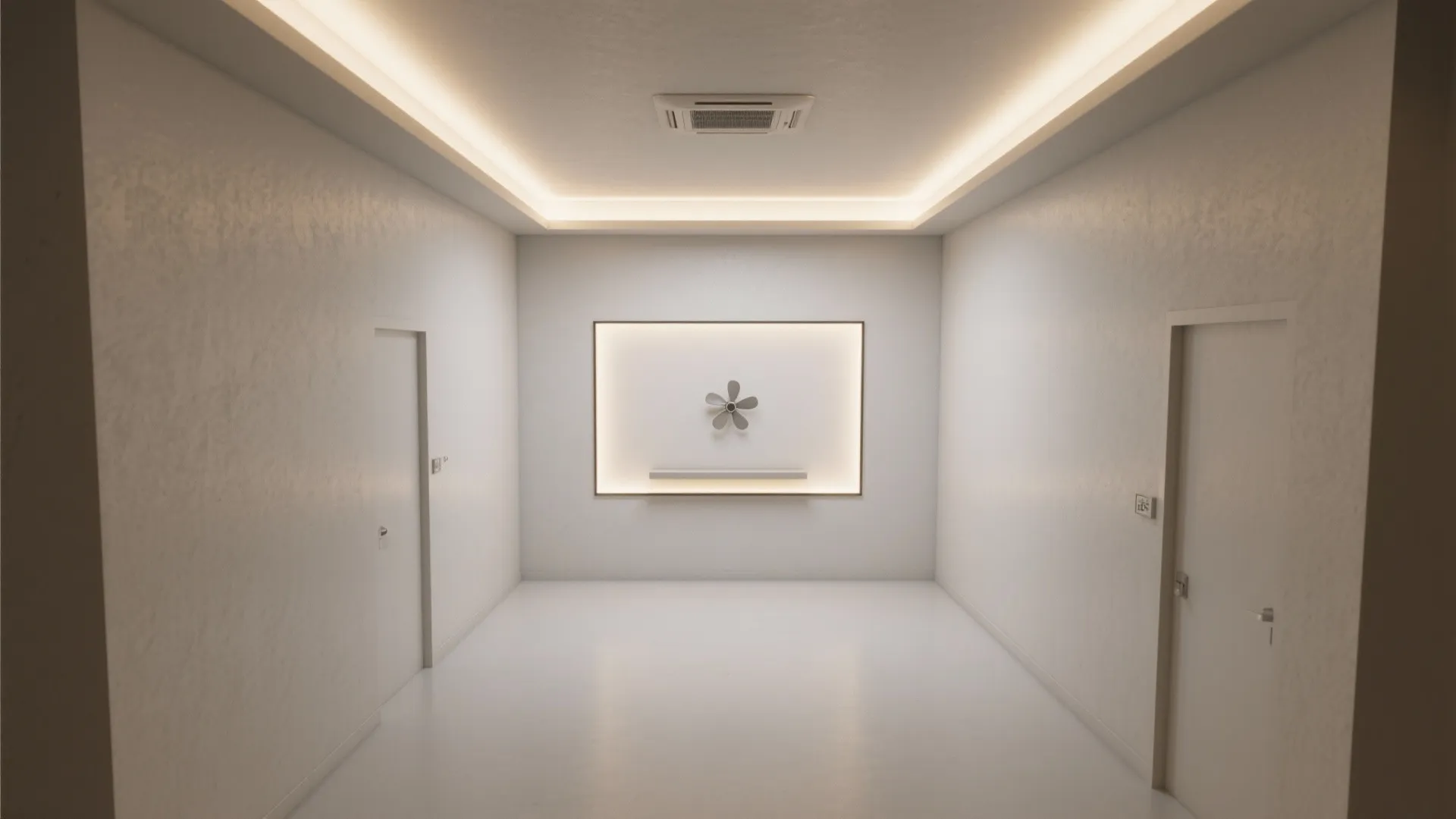 Top-down visualization of key simple POP elements in a square hall: slim frame, cove glow, shallow tray with fan.