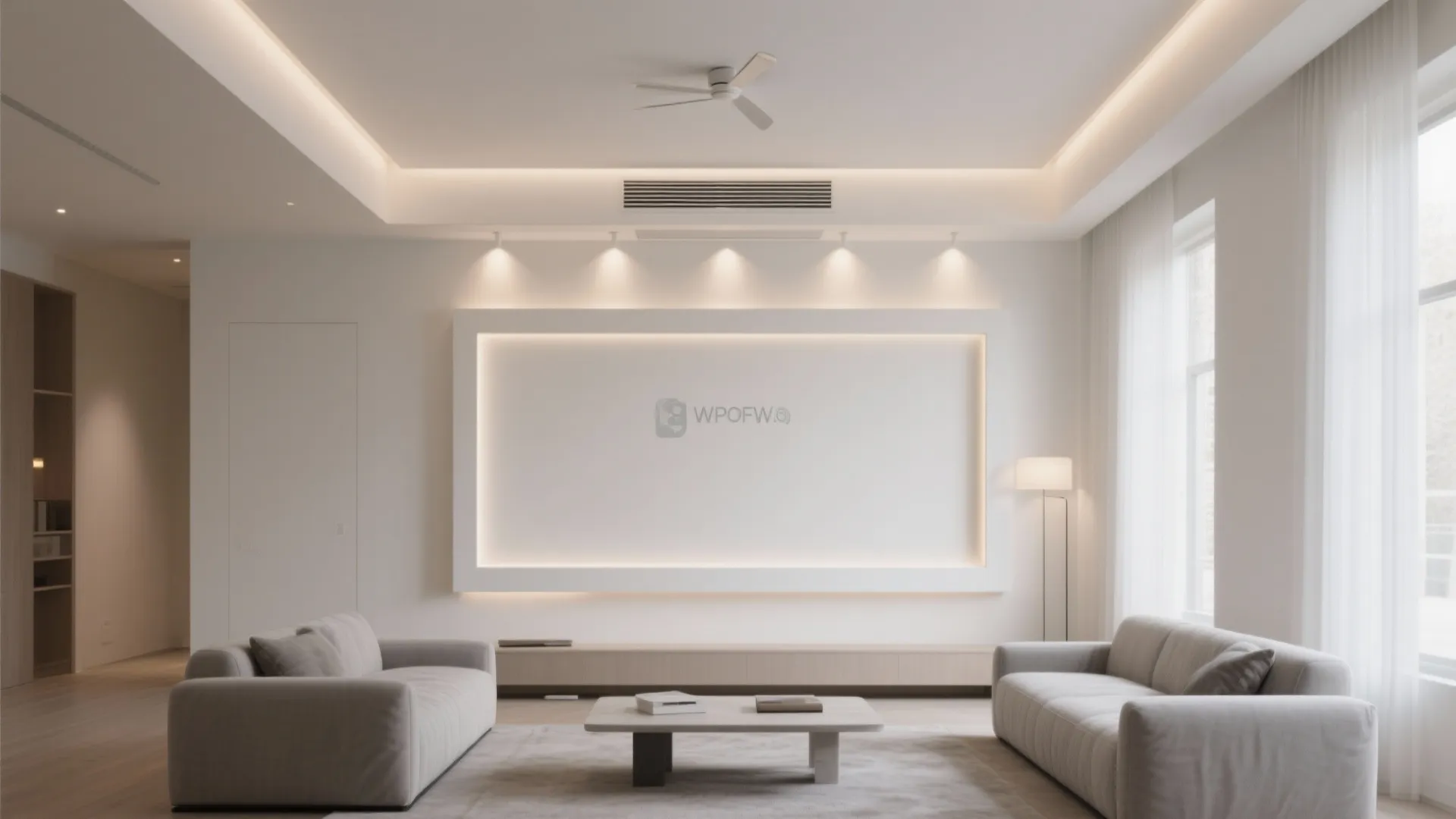 Shallow central tray integrates a ceiling fan and slim downlights in a square hall.