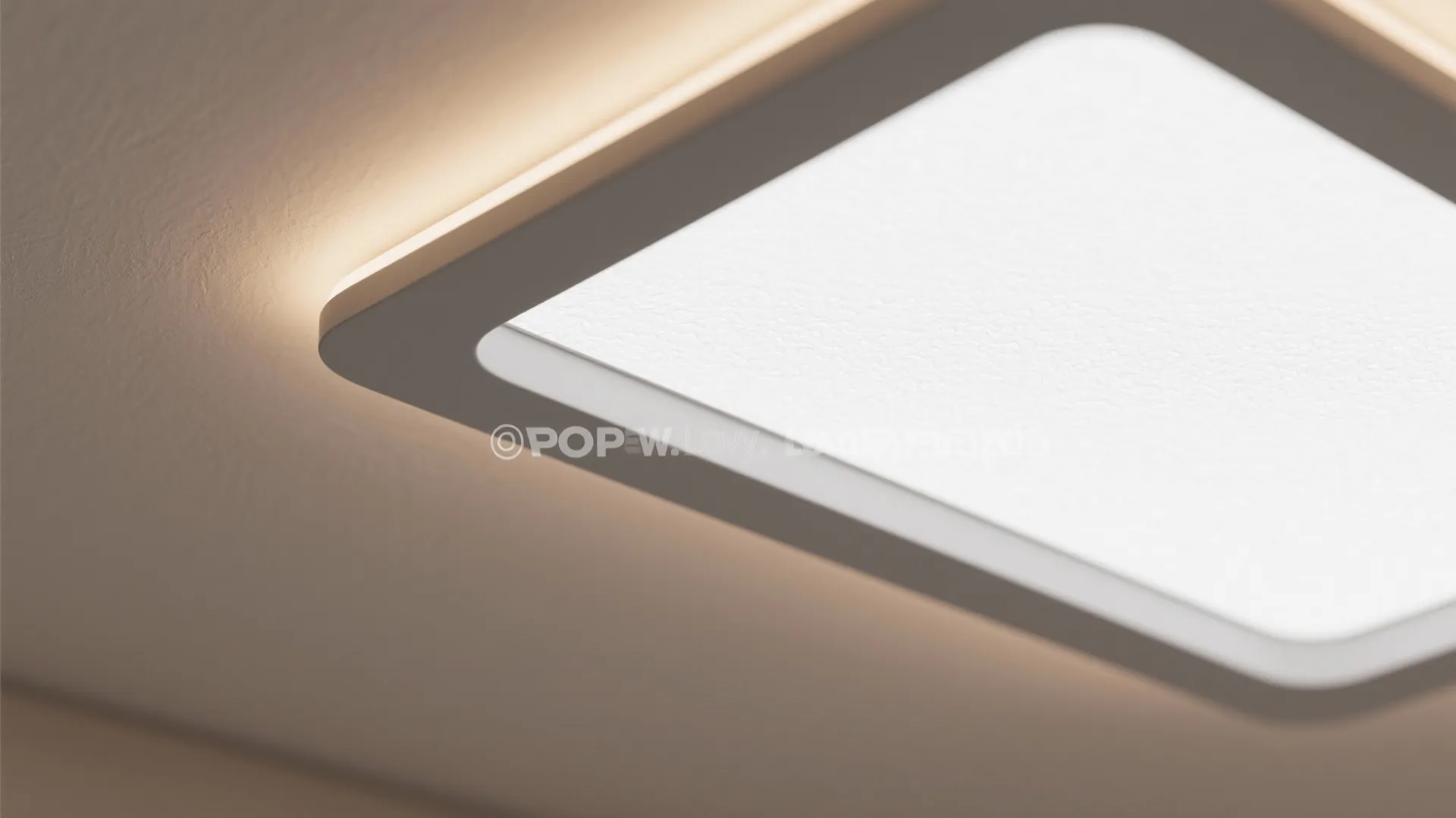 Macro of two-tone POP ceiling with warm gray frame and high-LRV white field, micro-texture finish.