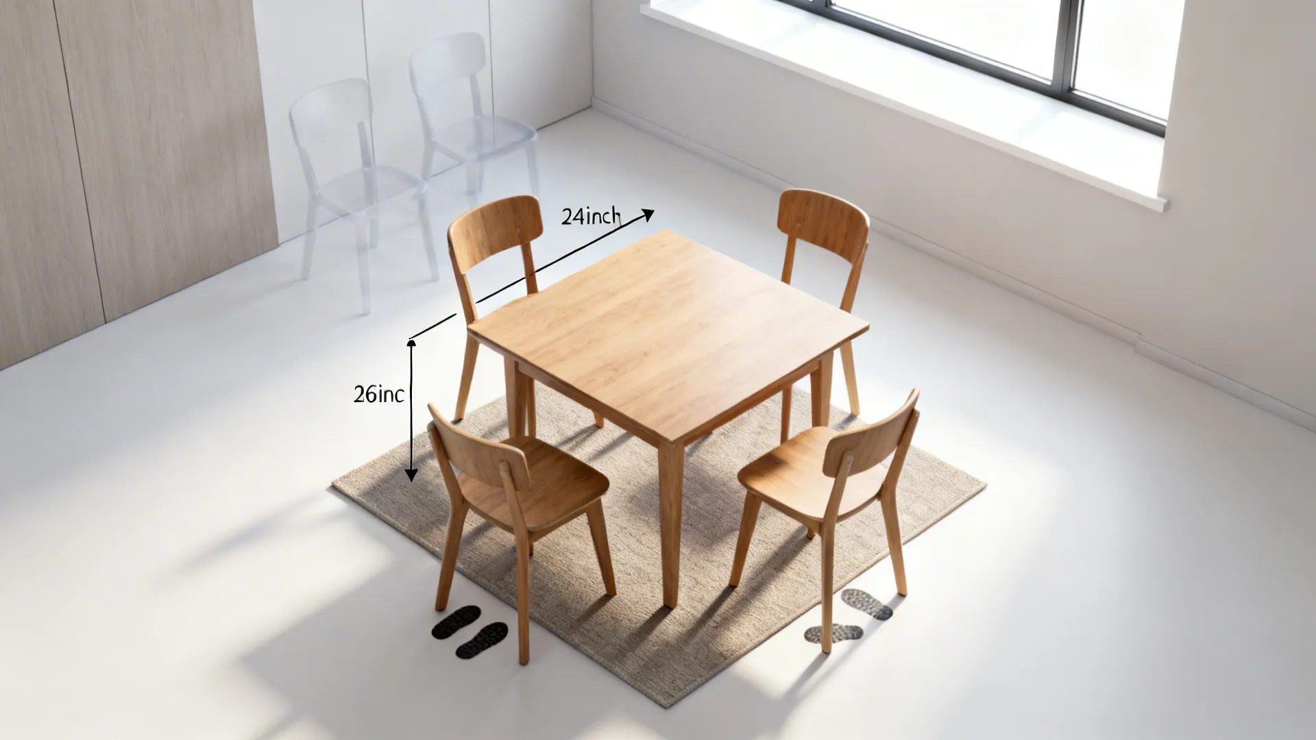 Top-down layout of a 36 inch square table showing chair positions and pushback zones.
