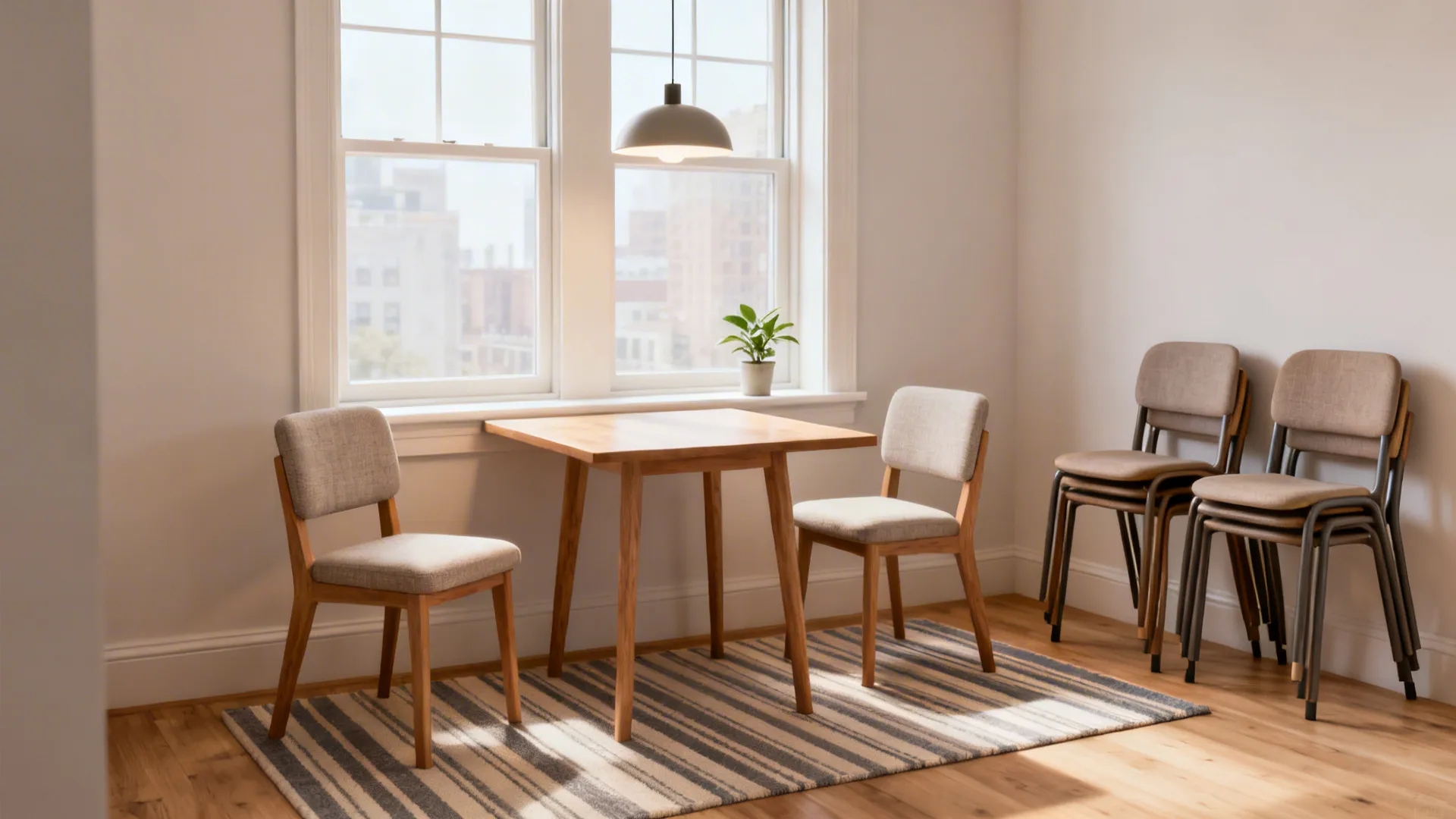 36 inch square dining table in a bright window bay with armless chairs and a centered pendant.
