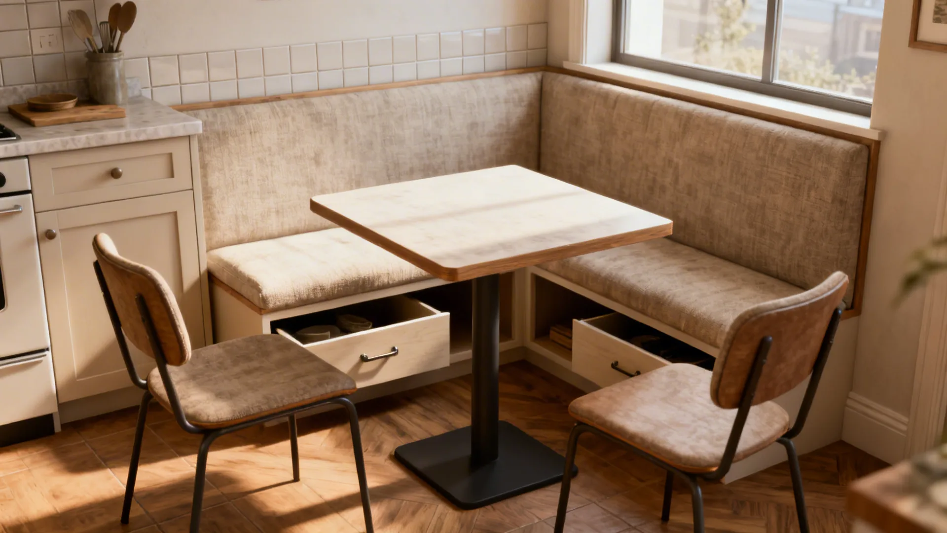 Compact square table paired with a corner banquette that hides storage drawers