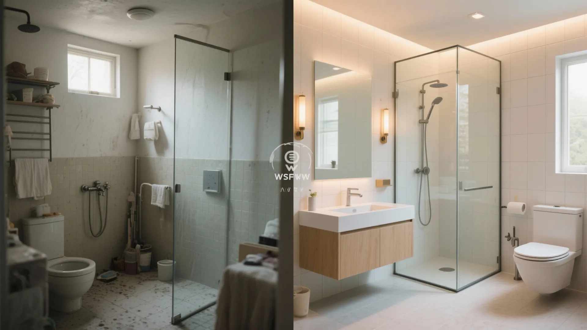 Before-and-after square bathroom: cluttered floor-mounted fixtures versus airy wall-hung, centered vanity, and clear glass shower.