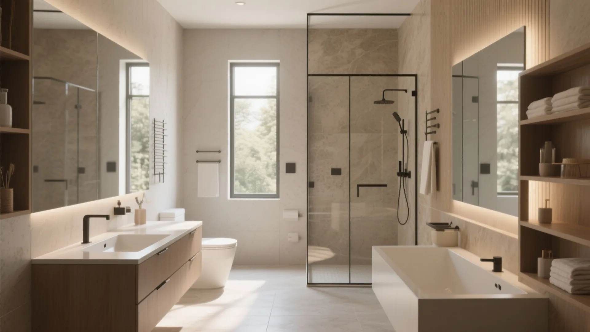 Modern bathroom with wooden cabinet, glass shower, white bathtub, toilet, large mirrors, and natural sunlight