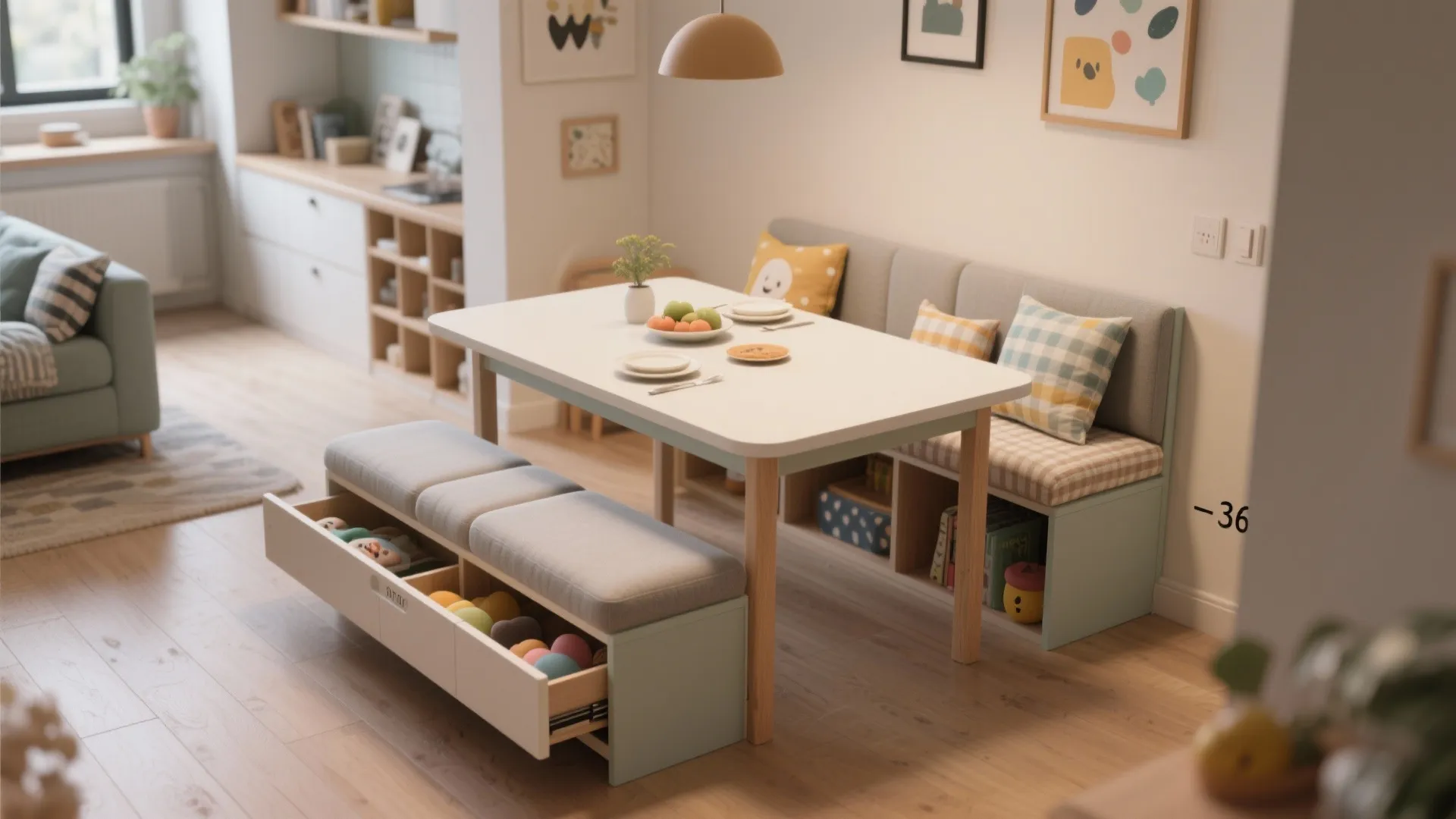 Modern dining table with a storage footrest bench showing open drawers filled with various toys