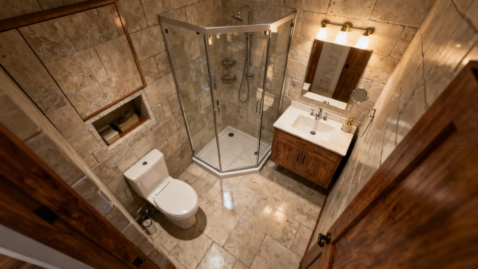 6×6 ft bathroom with a corner neo-angle shower, vanity, and stacked storage for a balanced layout
