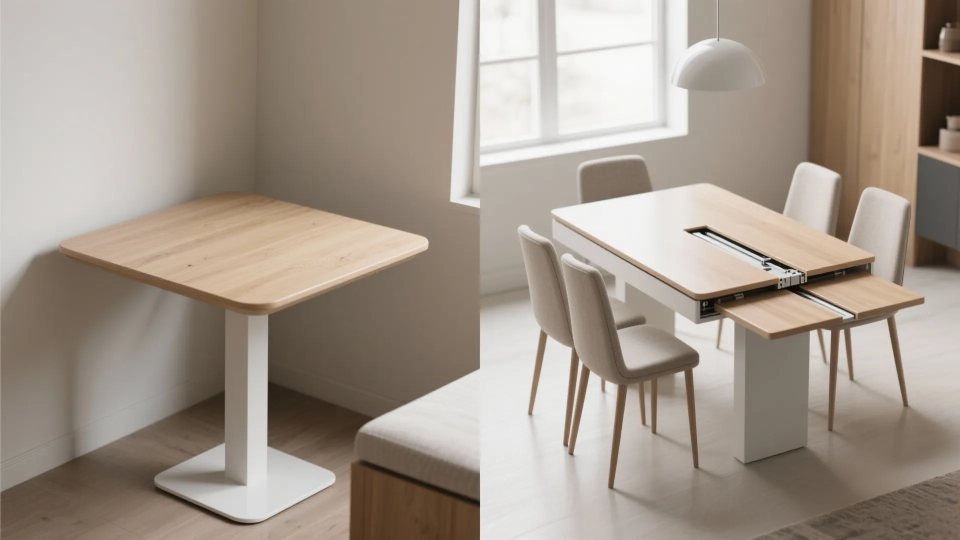 Comparison showing a small square table extending into a larger wood dining table with chairs