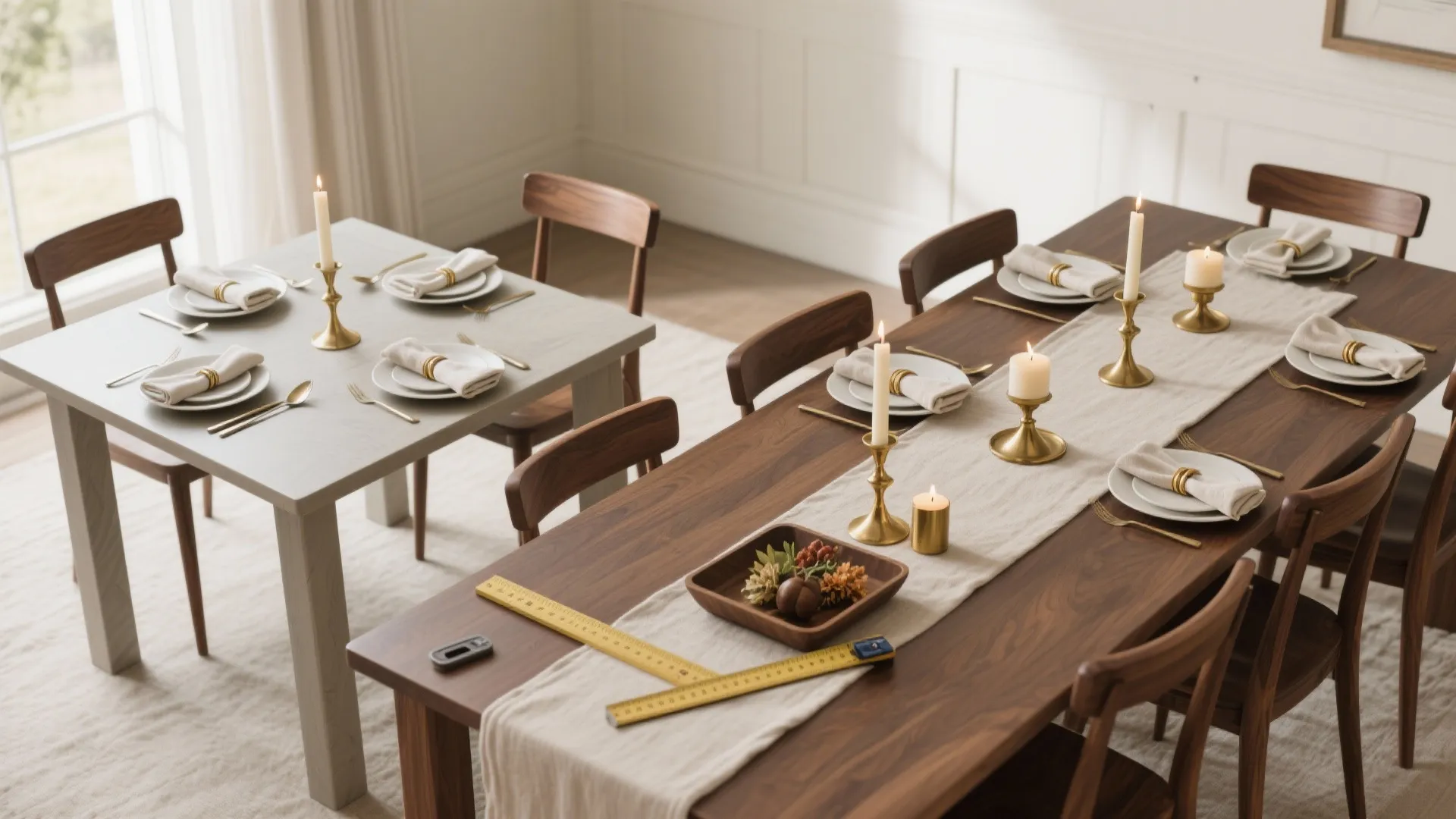 Two wooden dining tables decorated with white plates, gold candles, linen runners, and measuring tools