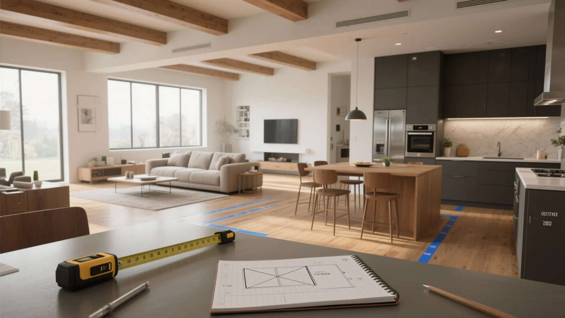 Tape measure and floor plan sketch on table with modern open plan living room layout