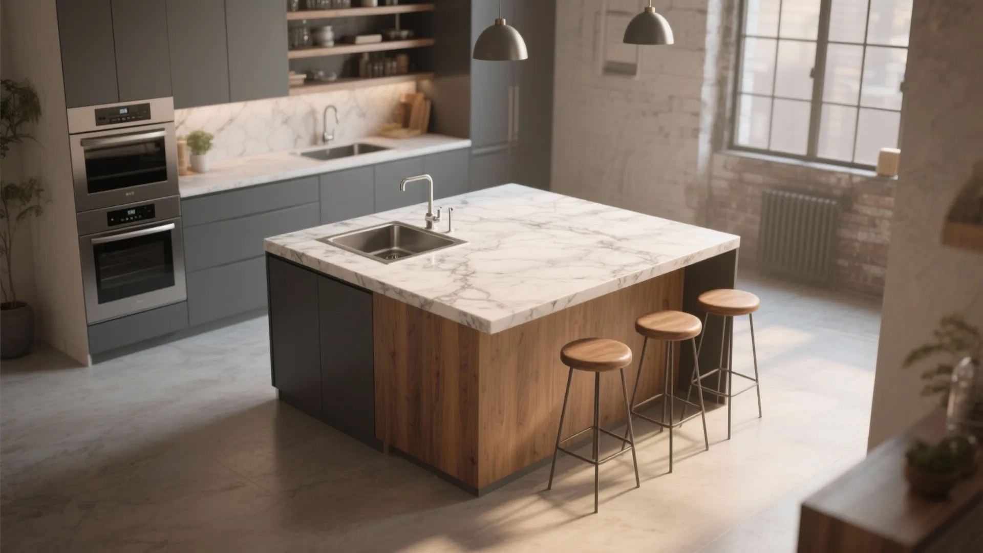 Loft kitchen with a 34-inch square island, prep sink, and clearances around the island