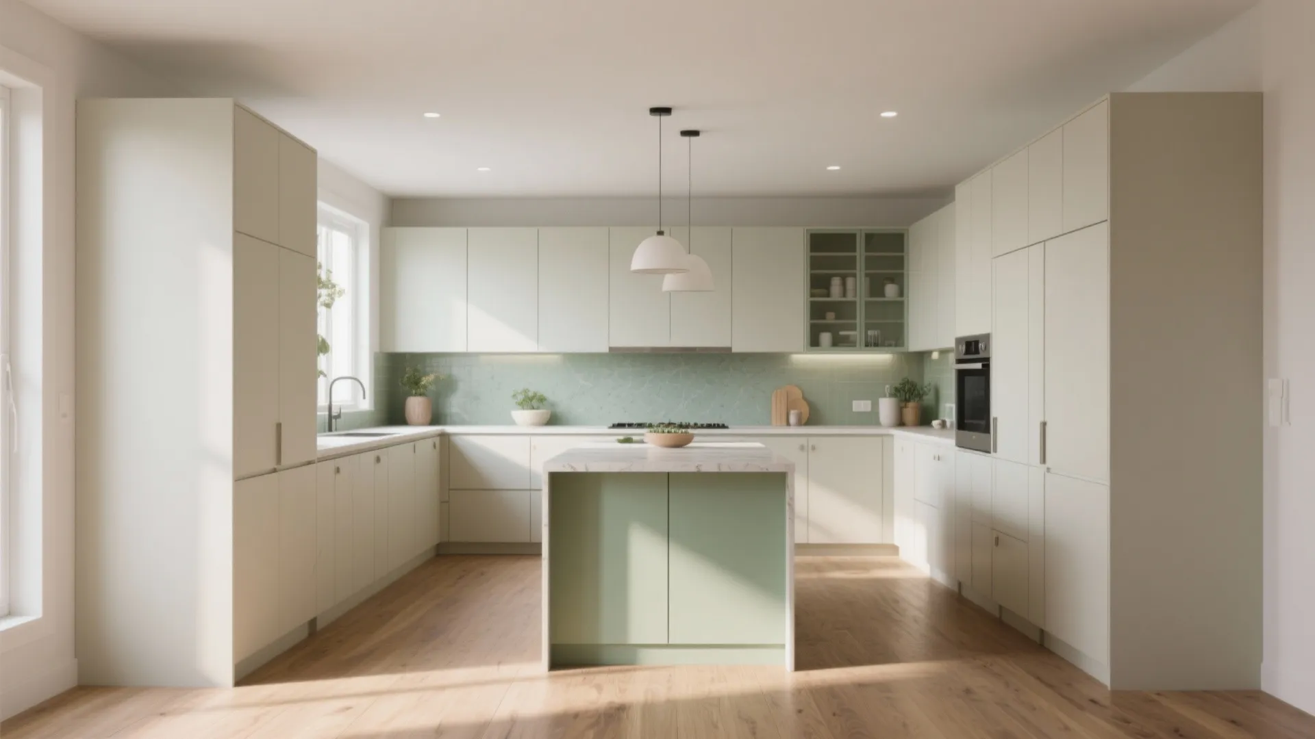 Modern mint green kitchen interior with white cabinets wooden floor small island and two ceiling lights