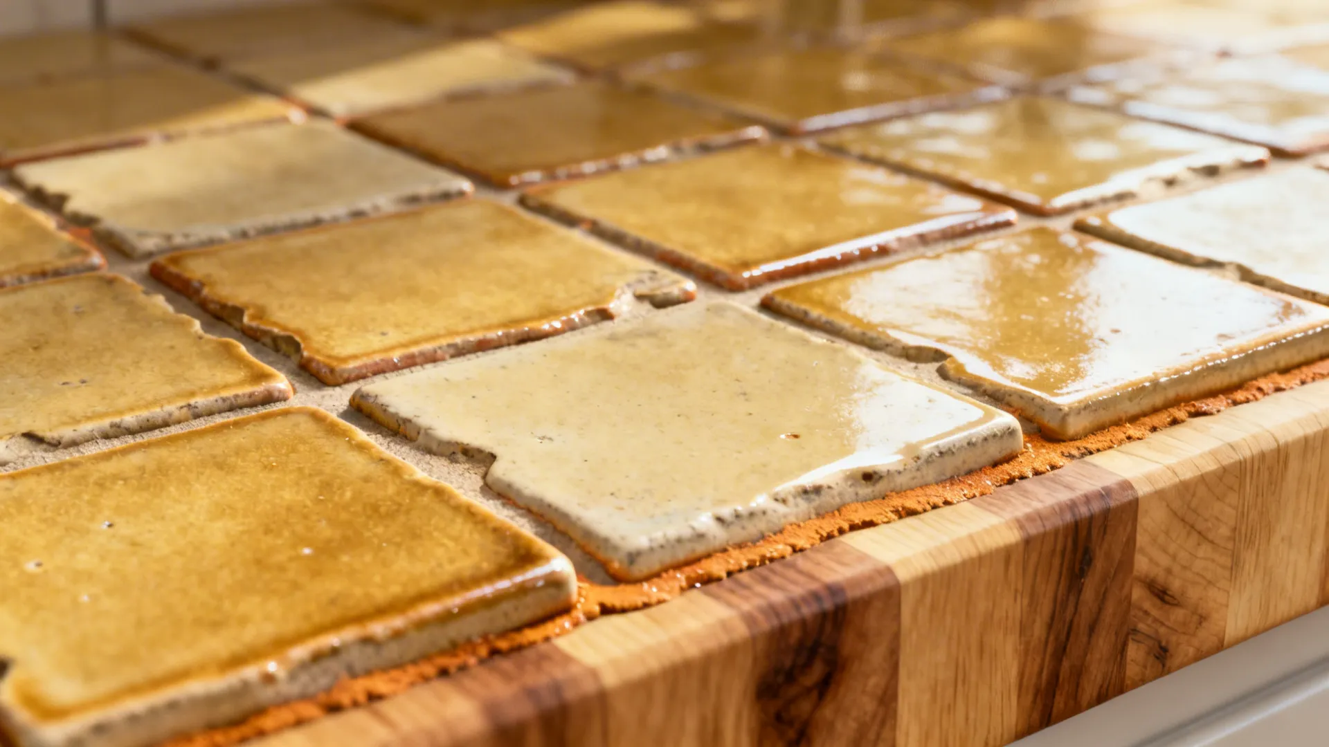 Macro of handcrafted square tiles with soft glaze and warm grout showing artisanal edge variation.