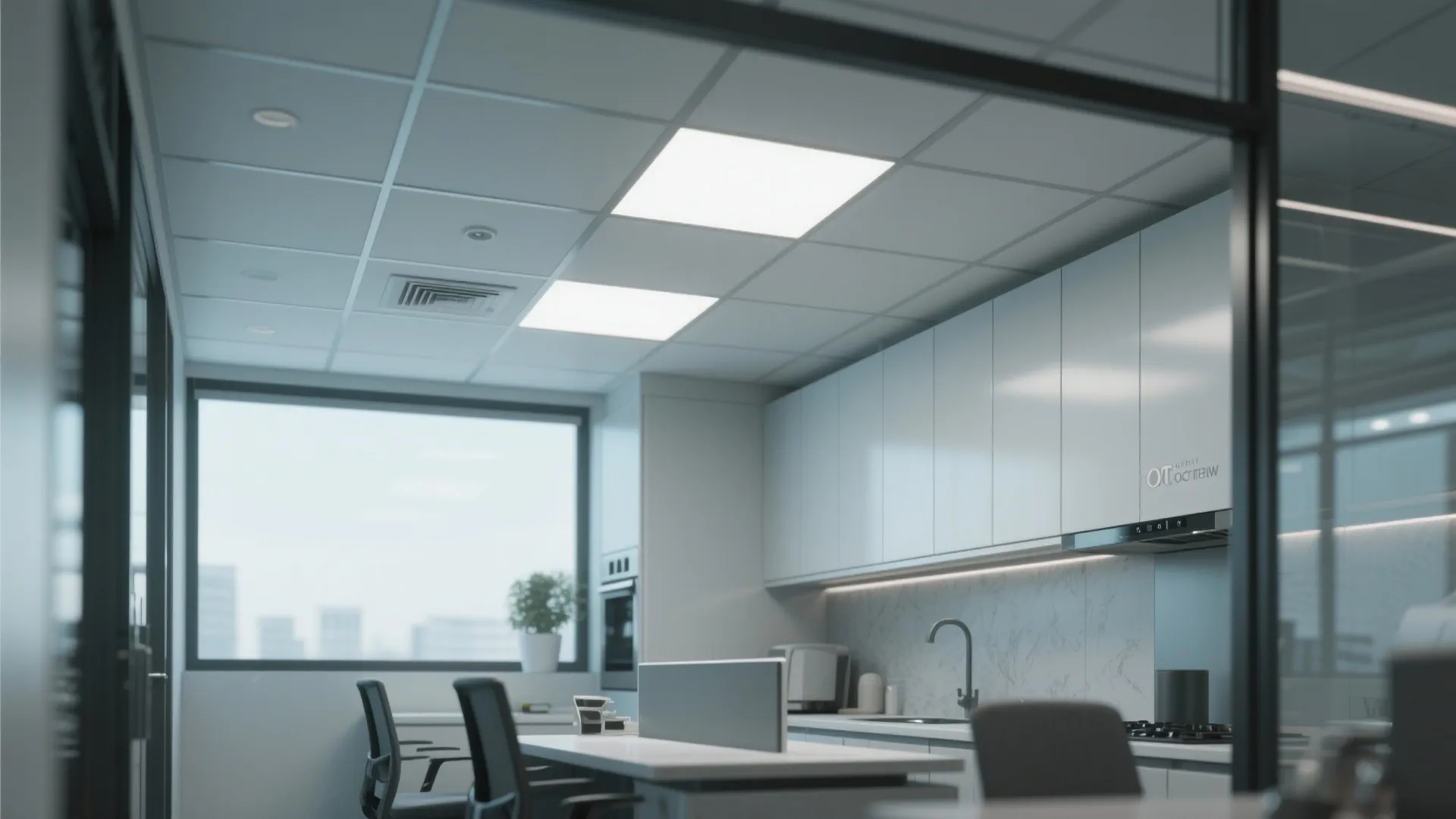 Modern office kitchen area with white cabinets square ceiling lights and large window view outside