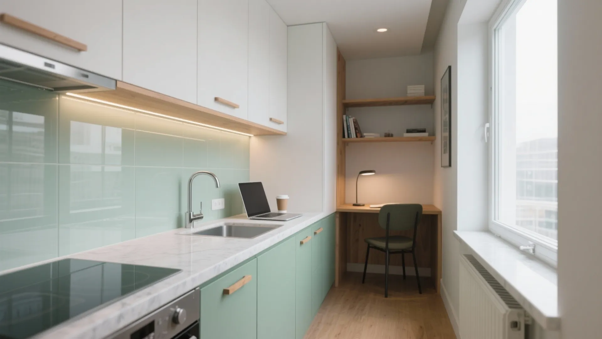 Small modern kitchen featuring green cabinets plus white cabinets and integrated workspace including desk chair