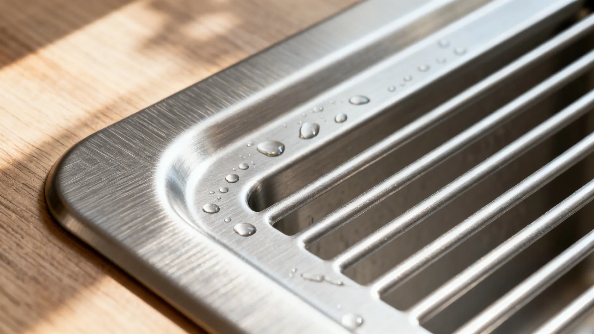 Macro detail of brushed stainless-steel sink edge and slim drainboard grooves.