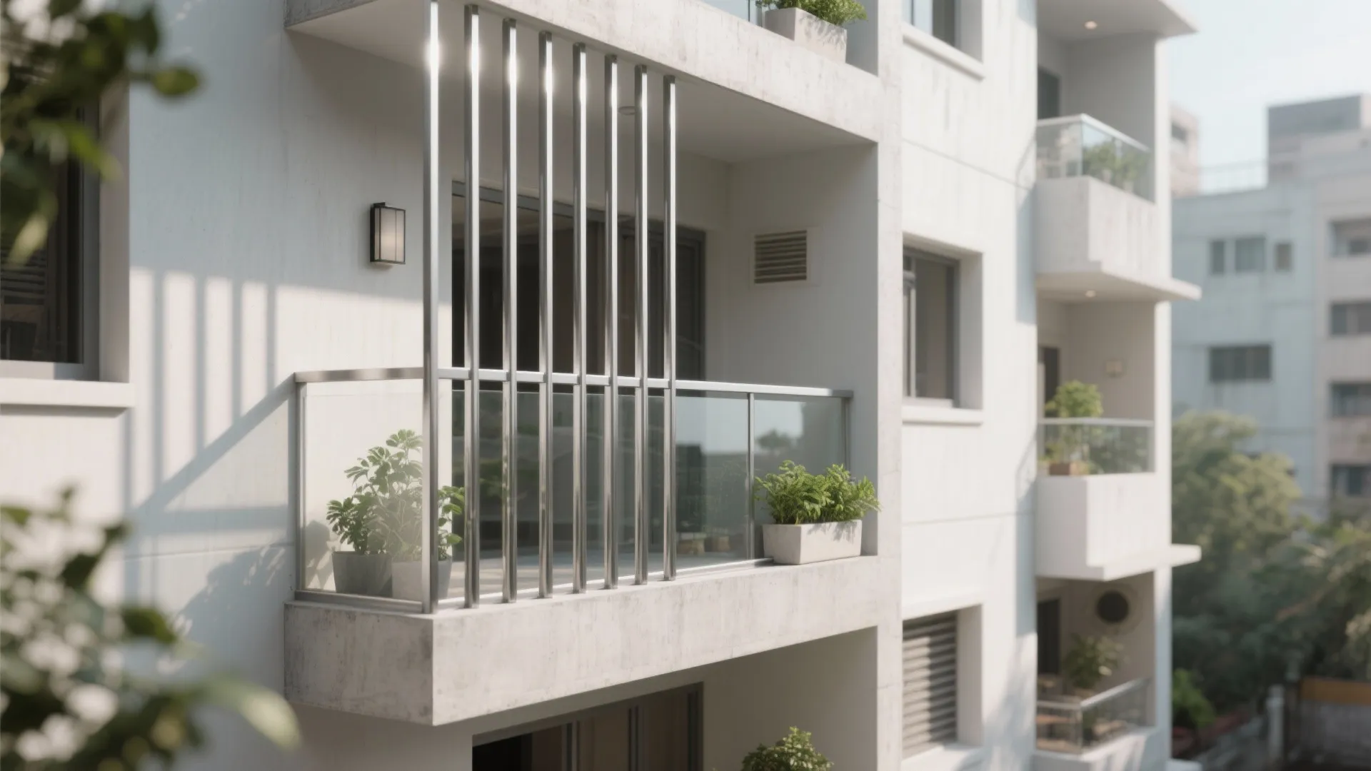Apartment balcony with glass railing vertical metal bars wall light and small green potted plants